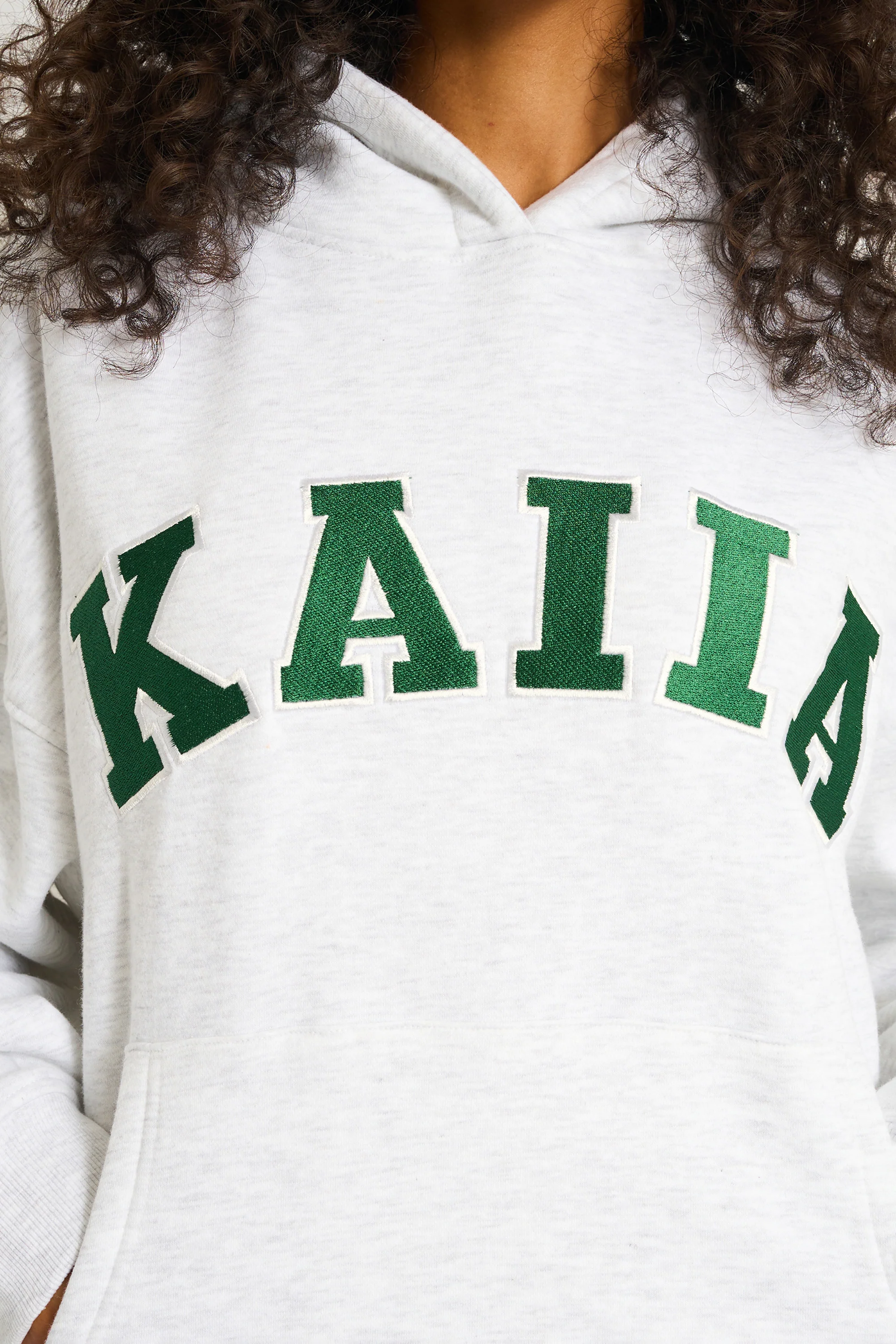 Kaiia Slogan Oversized Hoodie Light Grey Marl & Forest Green - Image 4
