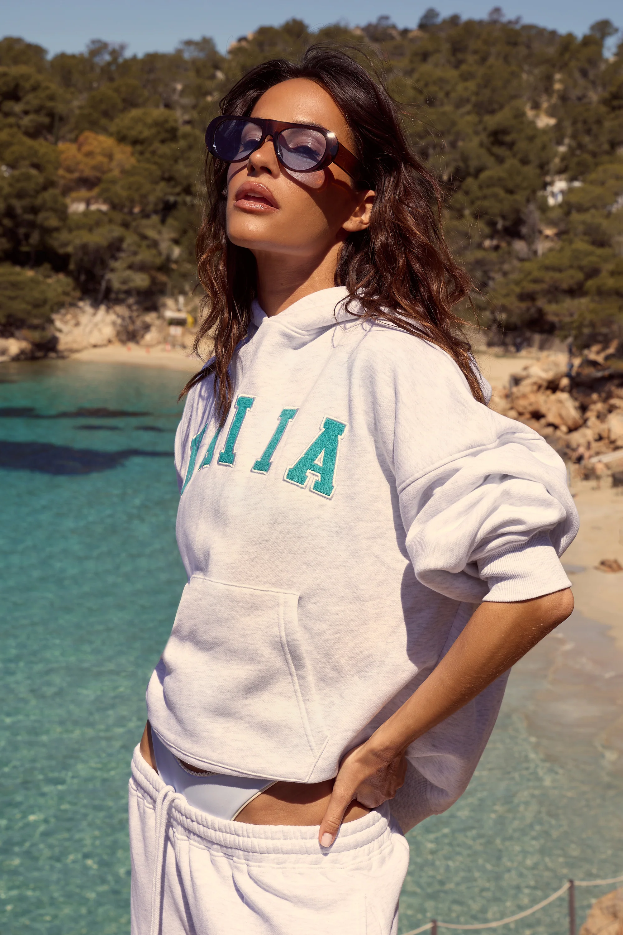 Kaiia Slogan Oversized Hoodie Light Grey Marl & Turquoise - Image 2