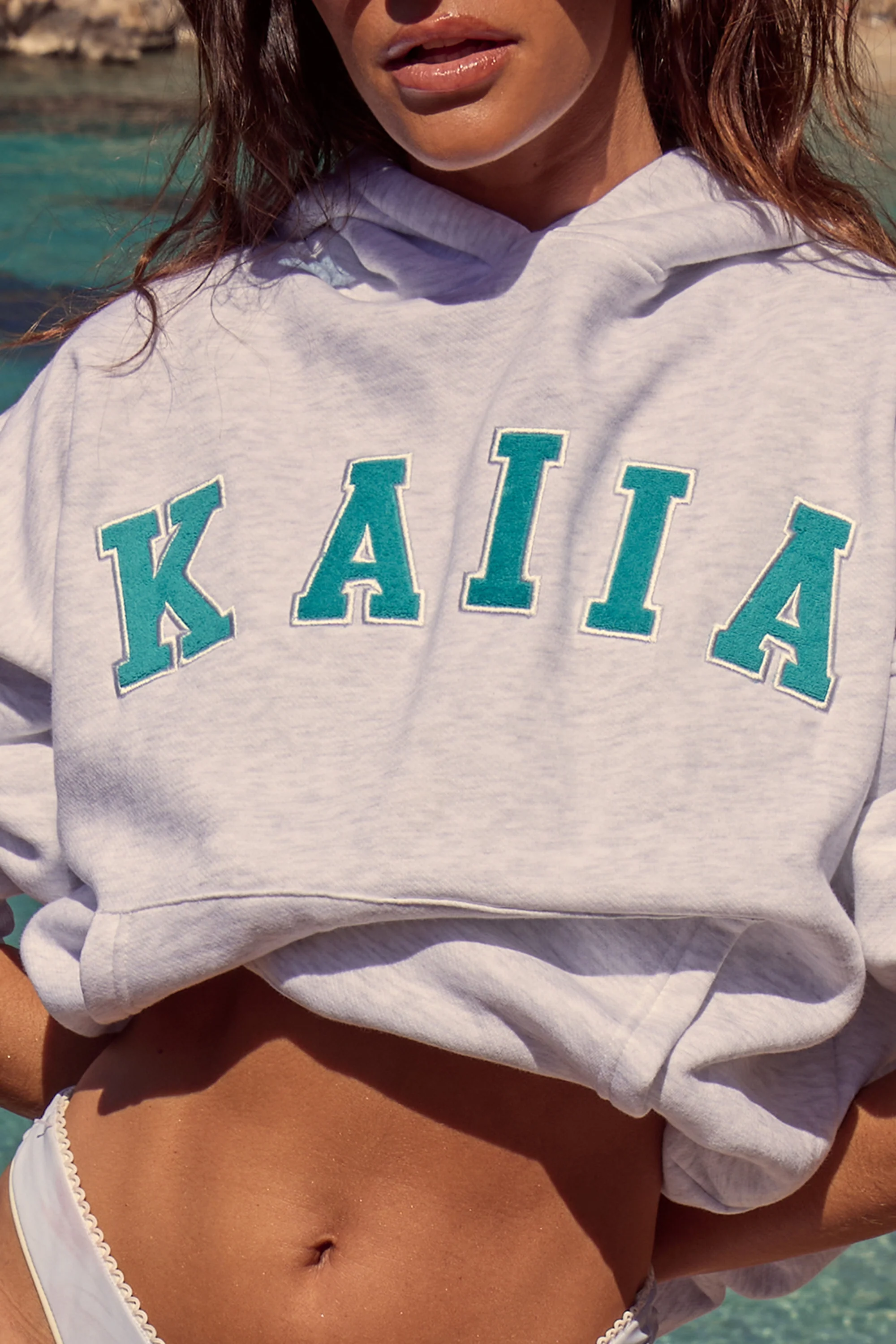 Kaiia Slogan Oversized Hoodie Light Grey Marl & Turquoise - Image 4