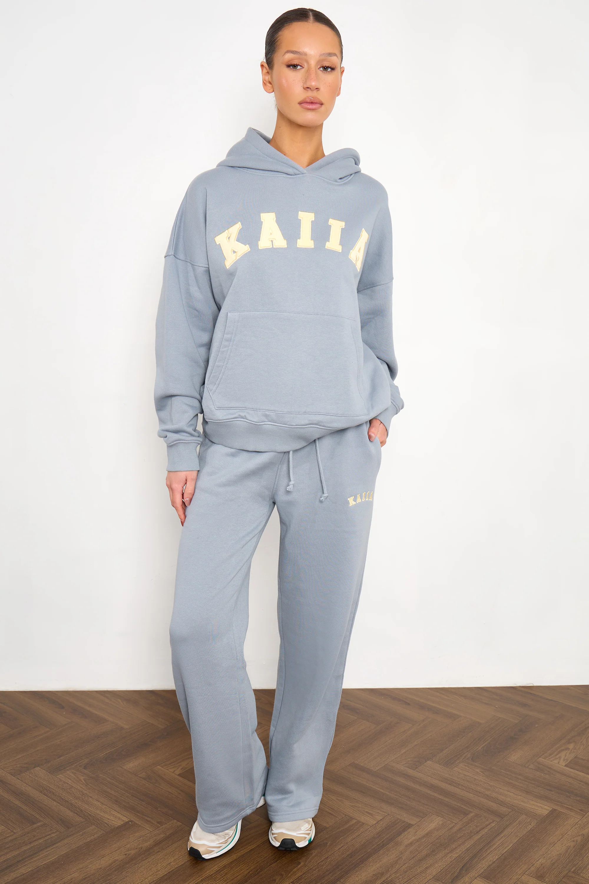 Kaiia Slogan Oversized Hoodie Mist Grey & Yellow - Image 3