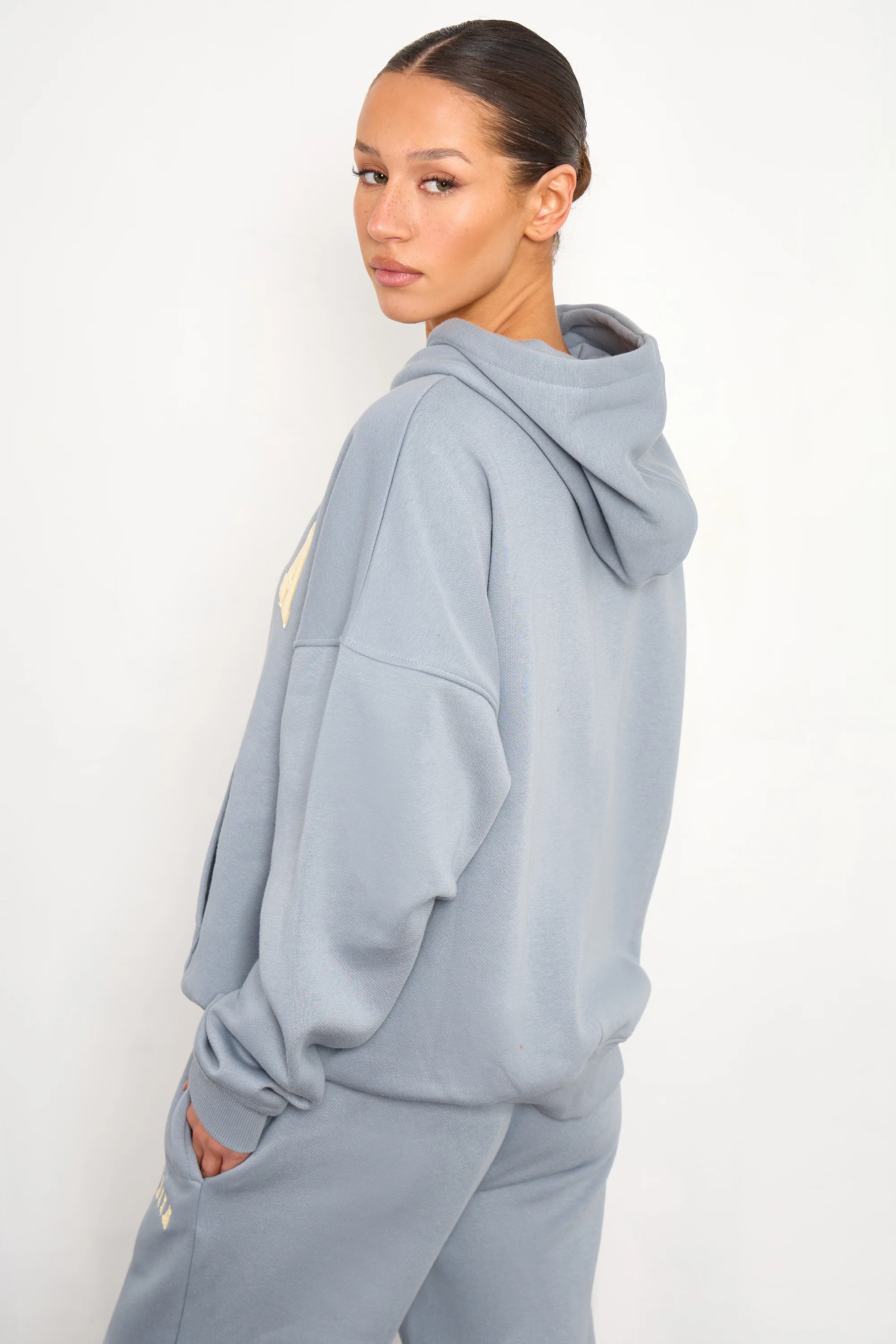 Kaiia Slogan Oversized Hoodie Mist Grey & Yellow - Image 4