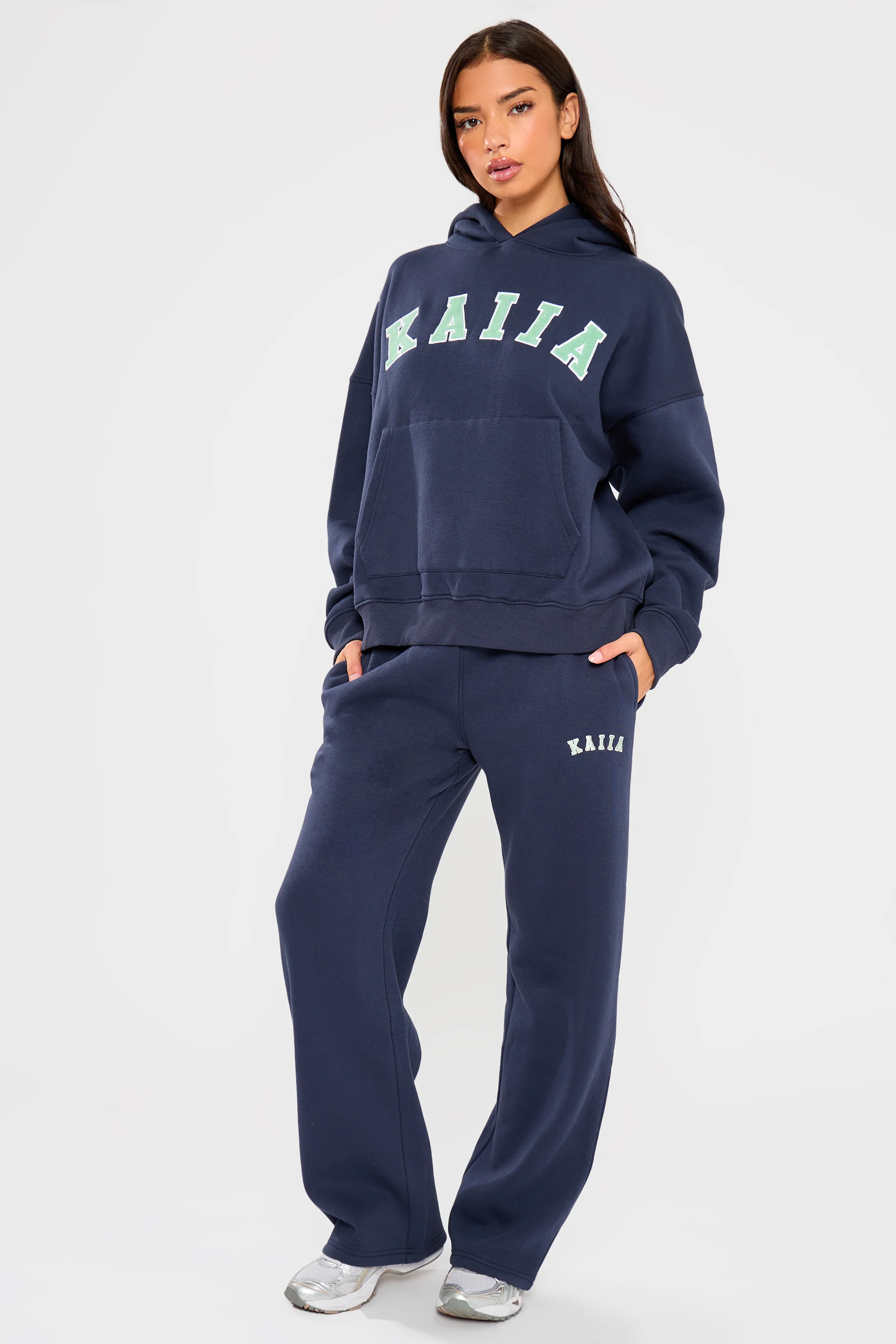 Kaiia Slogan Oversized Hoodie Navy & Jade Green - Image 4
