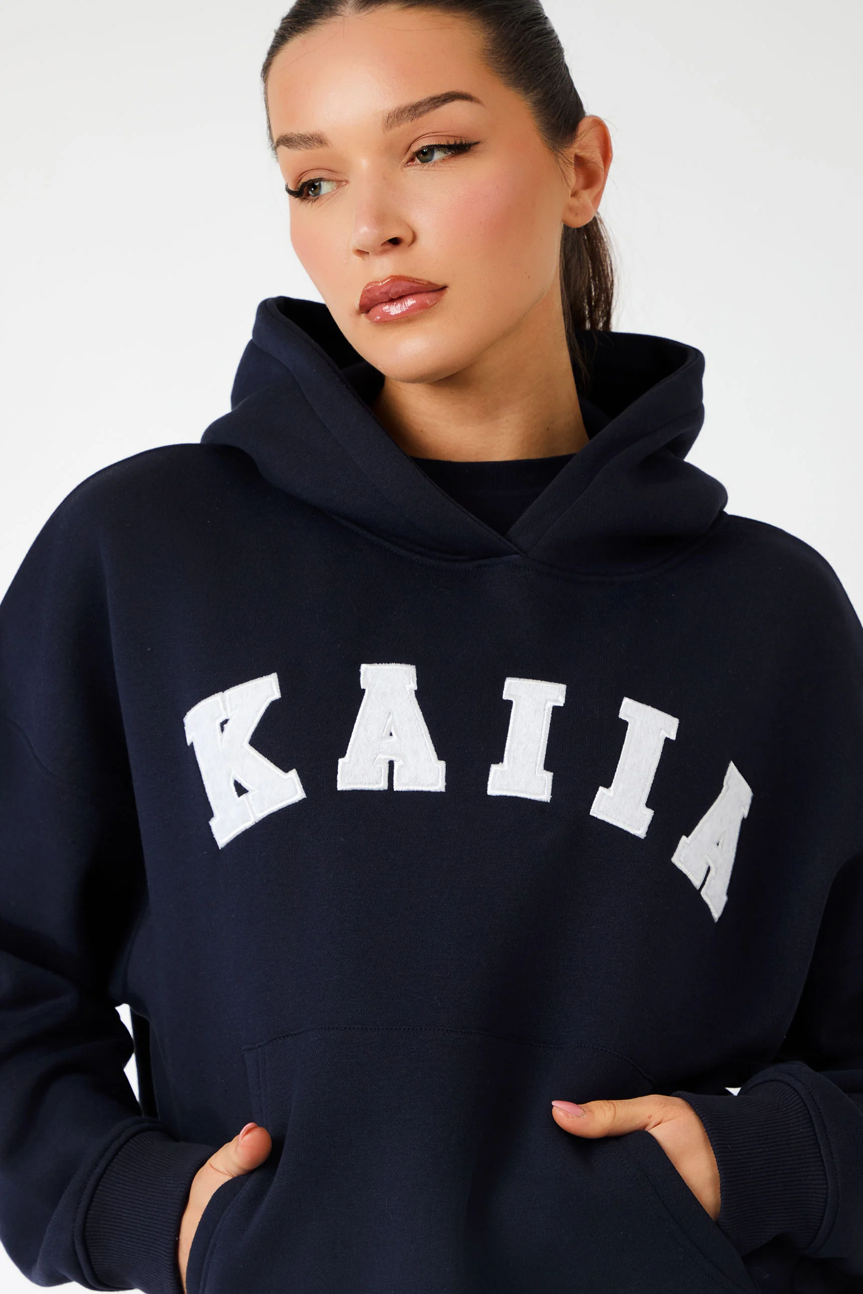 Kaiia Slogan Oversized Hoodie Navy & Light Grey Marl - Image 2