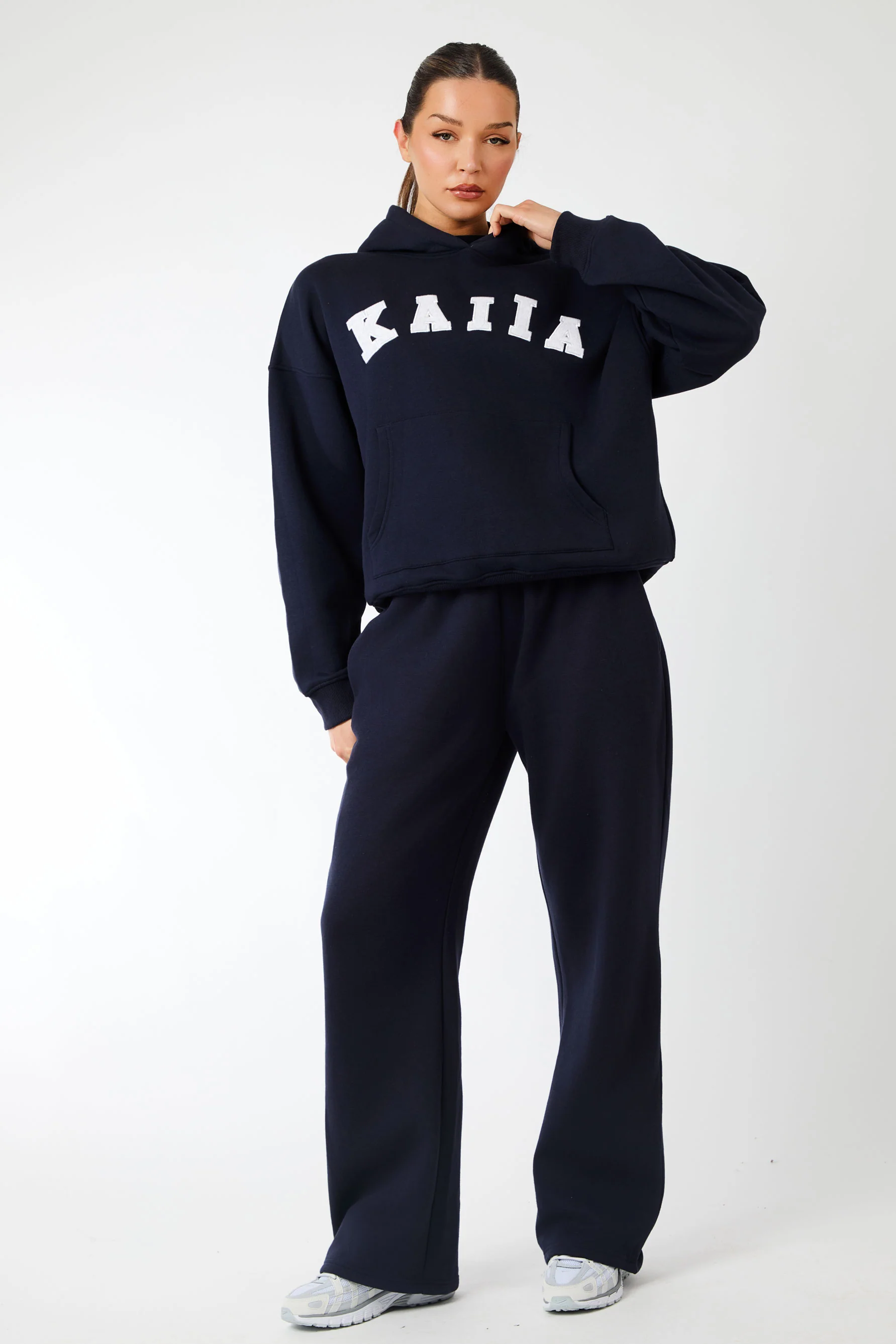 Kaiia Slogan Oversized Hoodie Navy & Light Grey Marl - Image 3