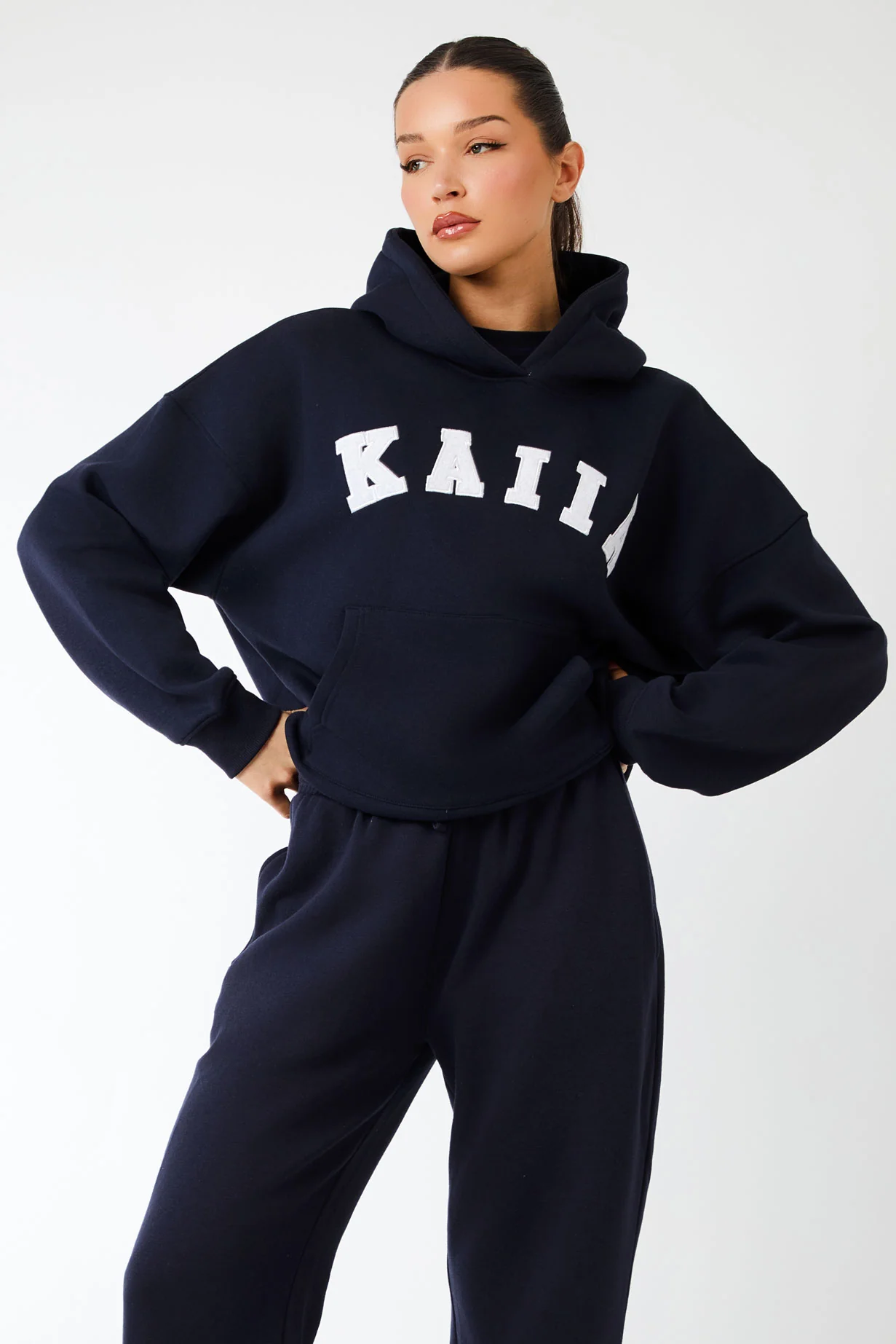 Kaiia Slogan Oversized Hoodie Navy & Light Grey Marl - Image 5