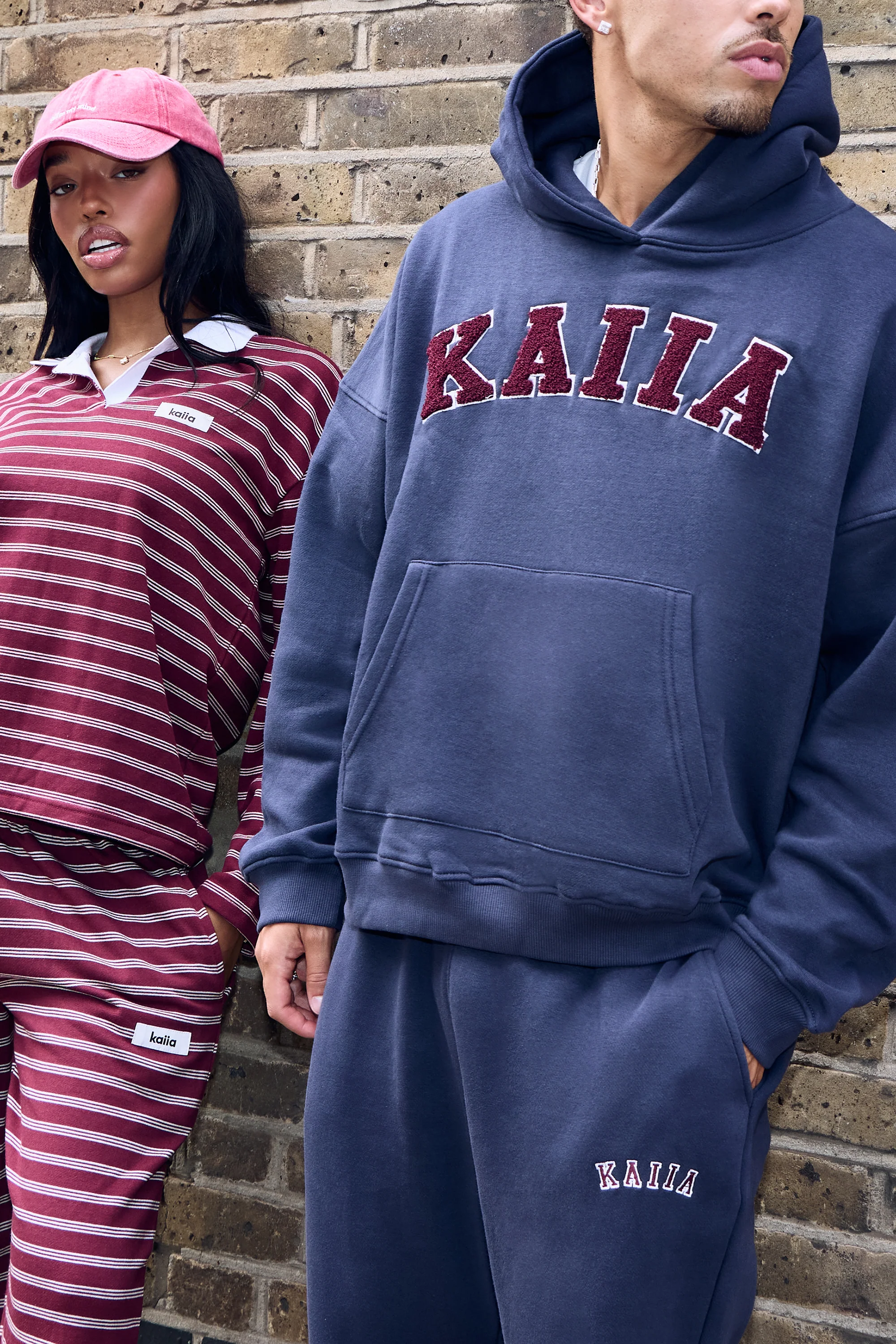 Kaiia Borg Slogan Oversized Hoodie Navy & Burgundy - Image 2