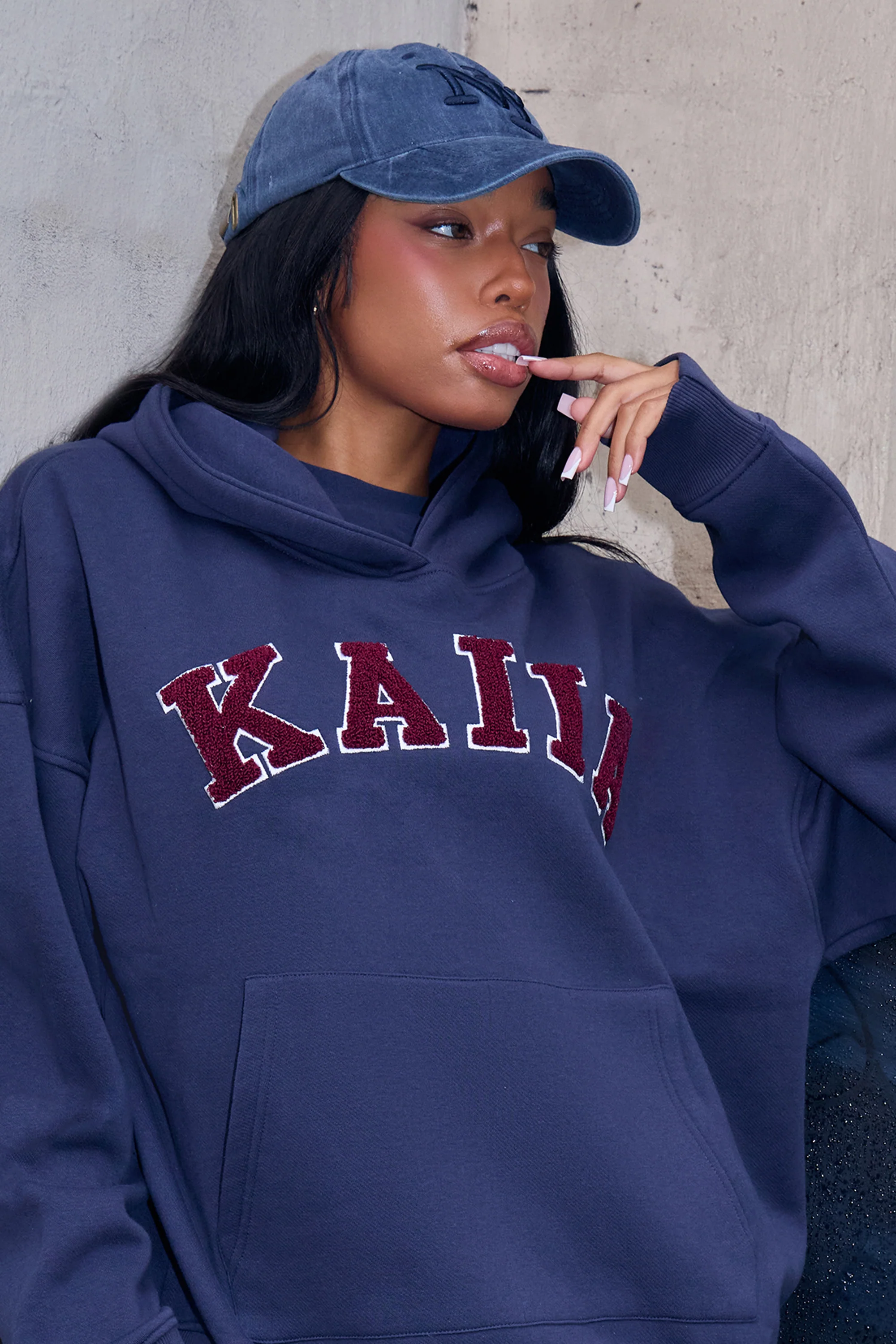 Kaiia Borg Slogan Oversized Hoodie Navy & Burgundy - Image 3