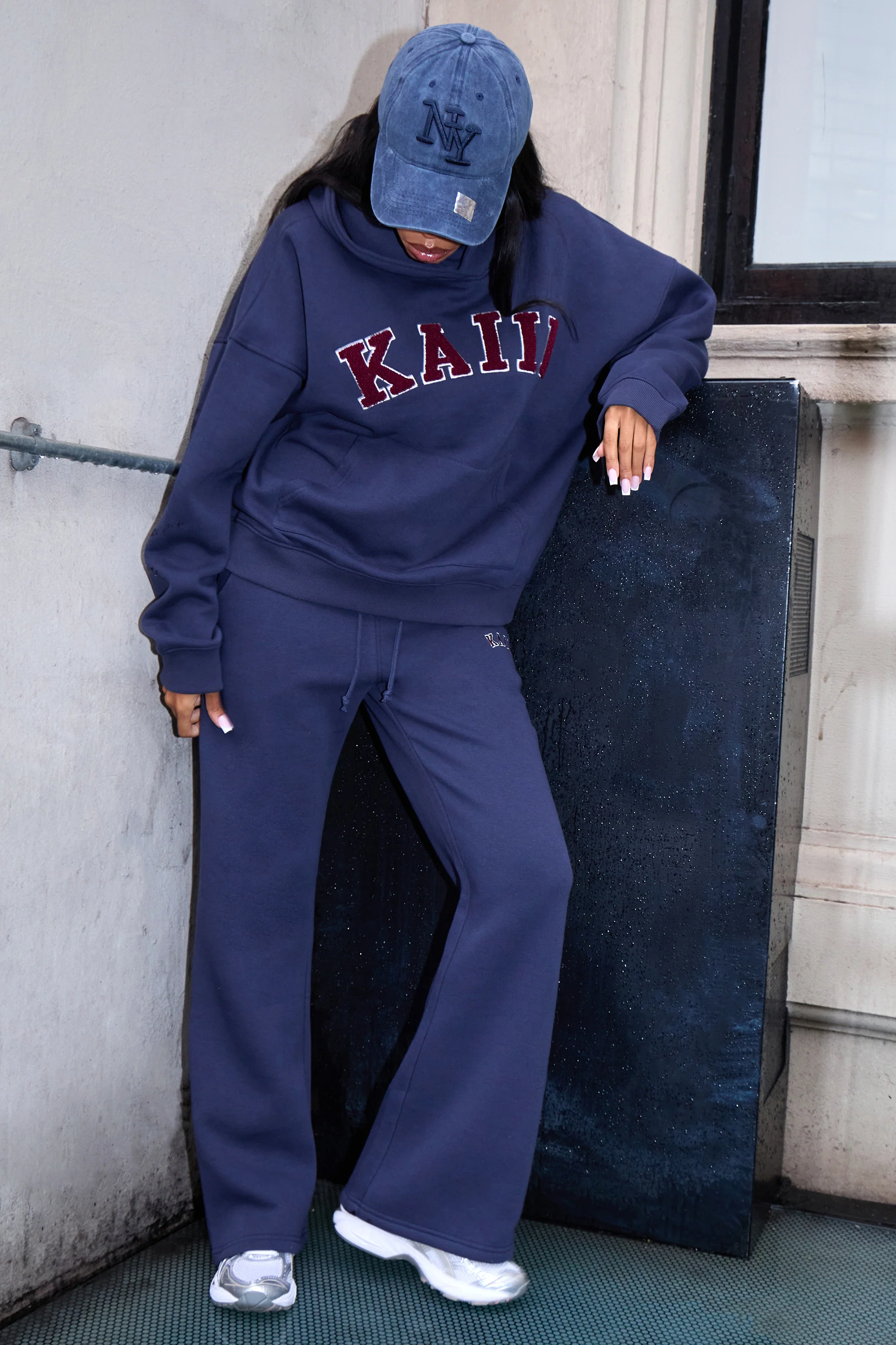 Kaiia Borg Slogan Oversized Hoodie Navy & Burgundy - Image 4
