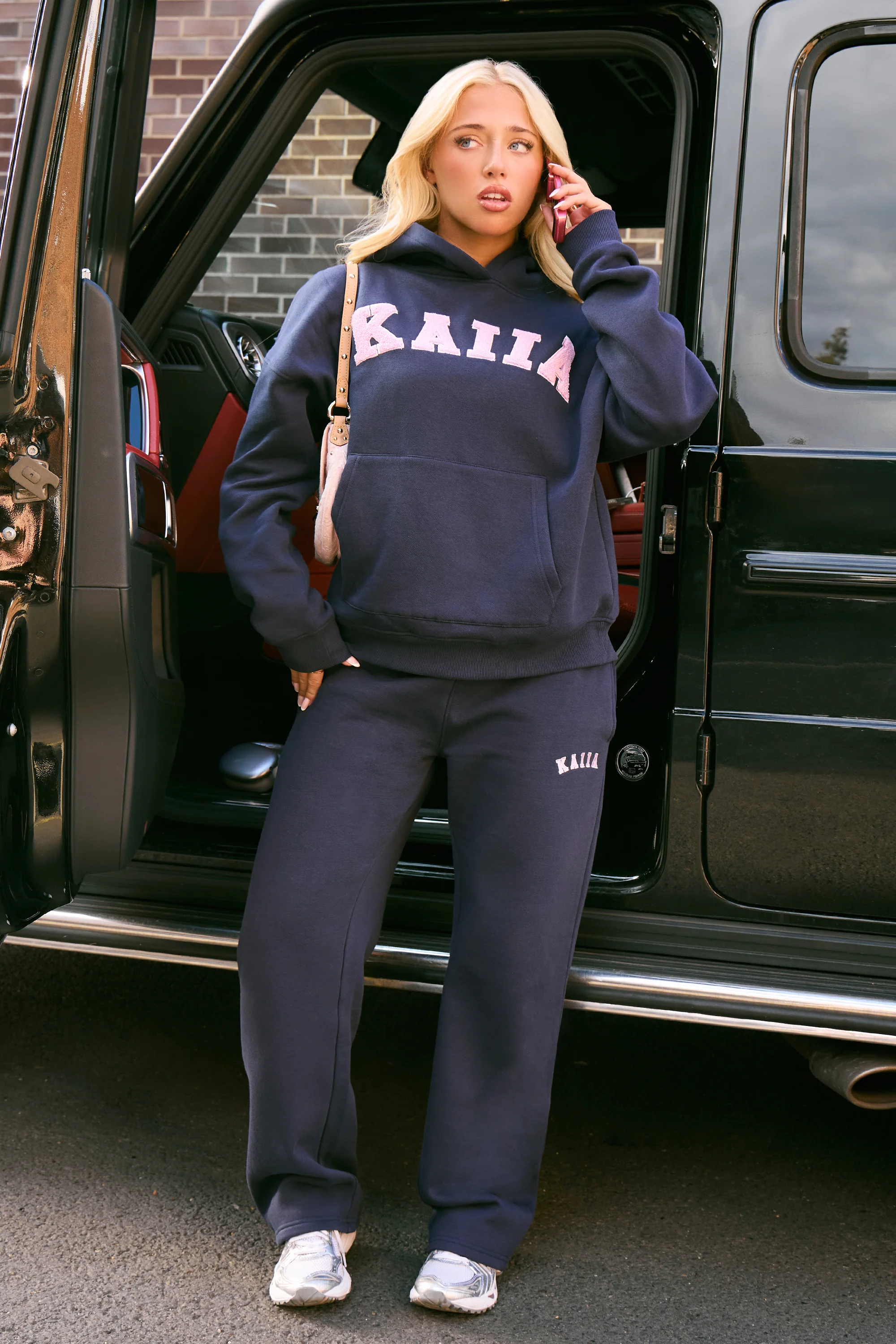Kaiia Slogan Oversized Hoodie Navy & Pink - Image 4