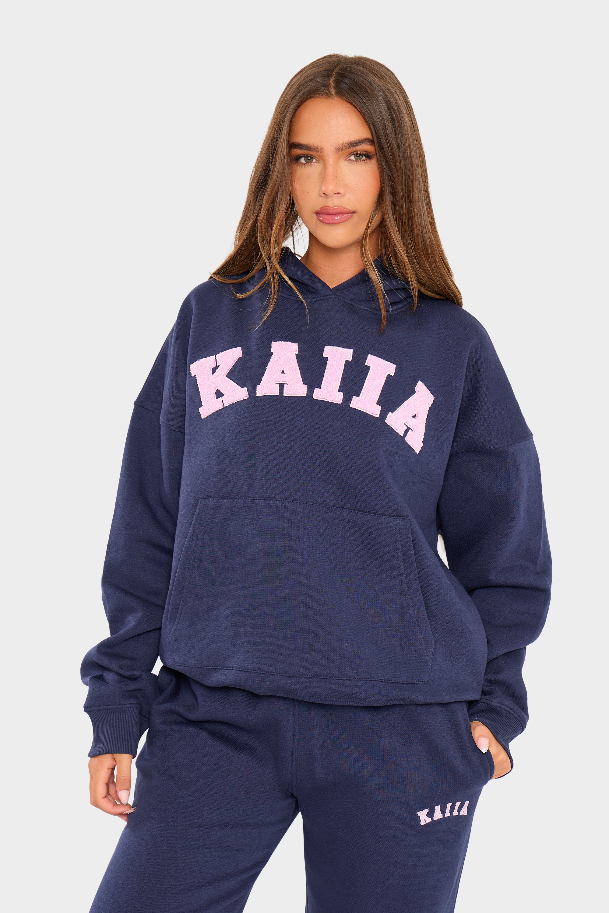 Kaiia Slogan Oversized Hoodie Navy & Pink - Image 5