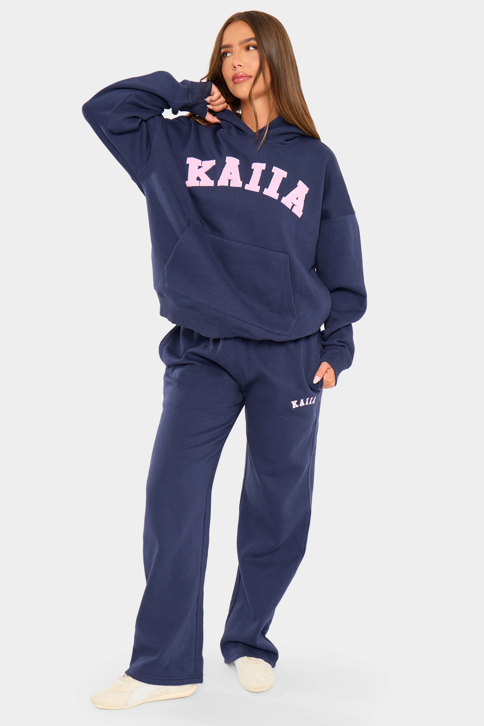 Kaiia Slogan Oversized Hoodie Navy & Pink - Image 7