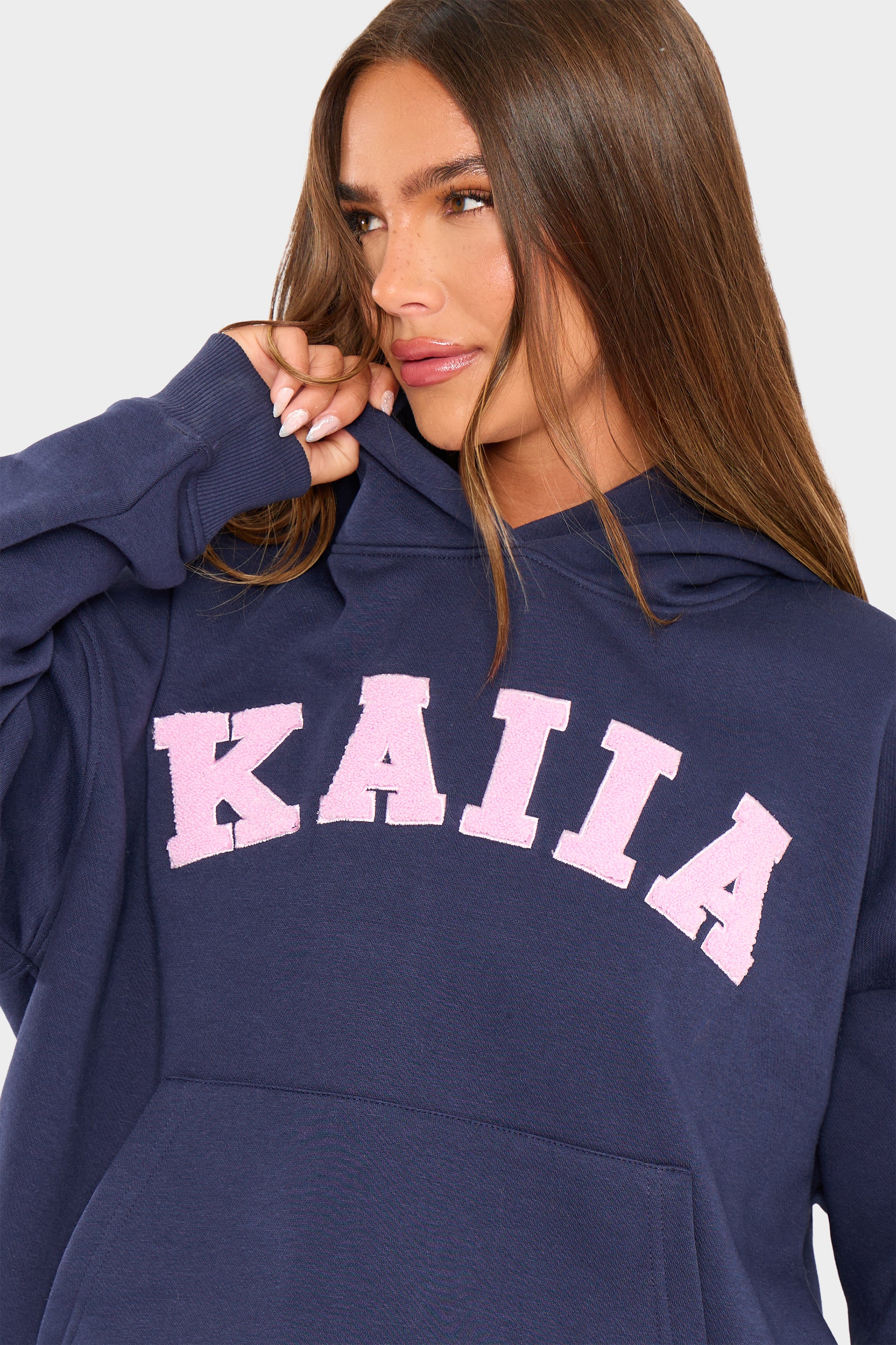 Kaiia Slogan Oversized Hoodie Navy & Pink - Image 8