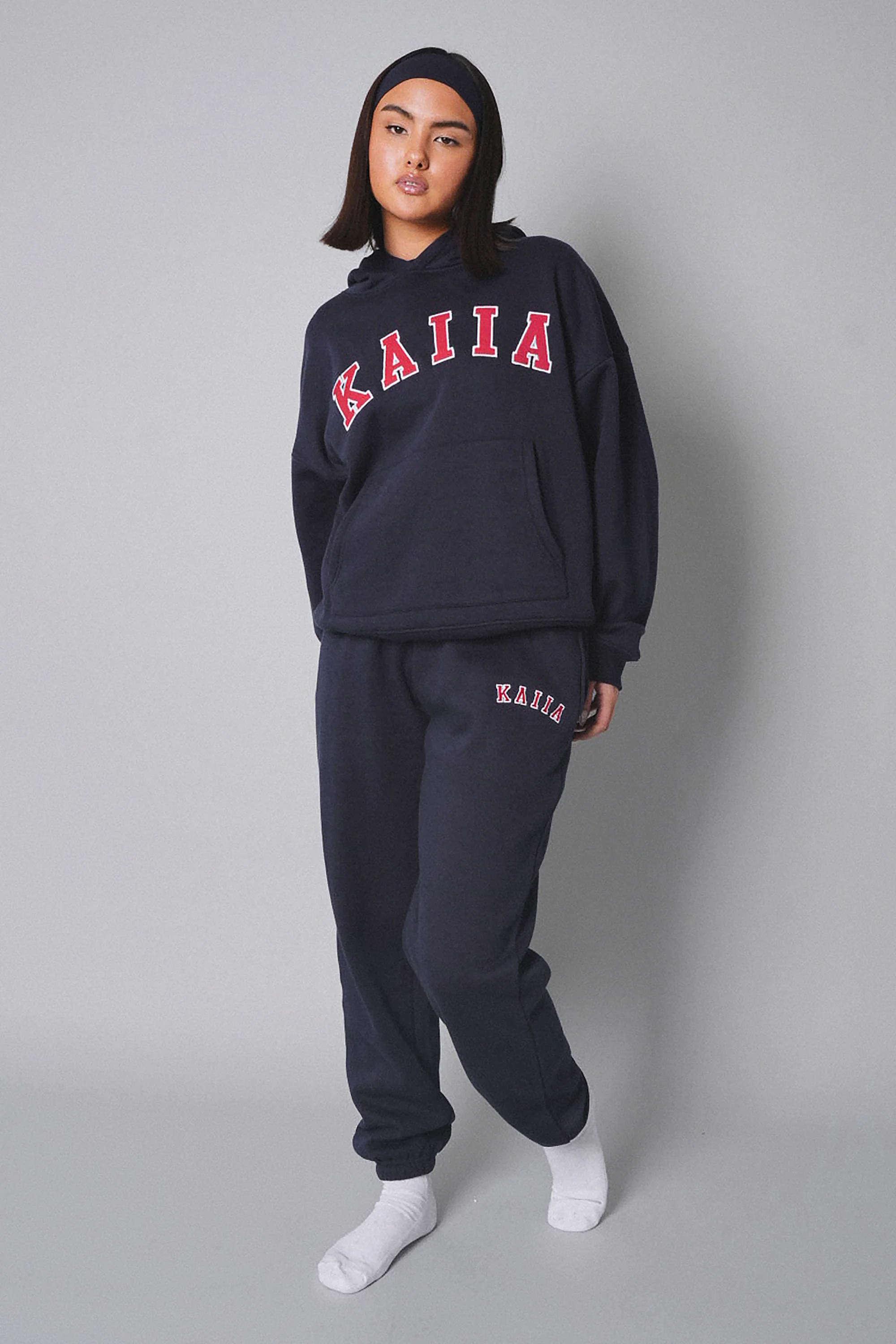 Kaiia Slogan Oversized Hoodie Navy With Red - Image 3