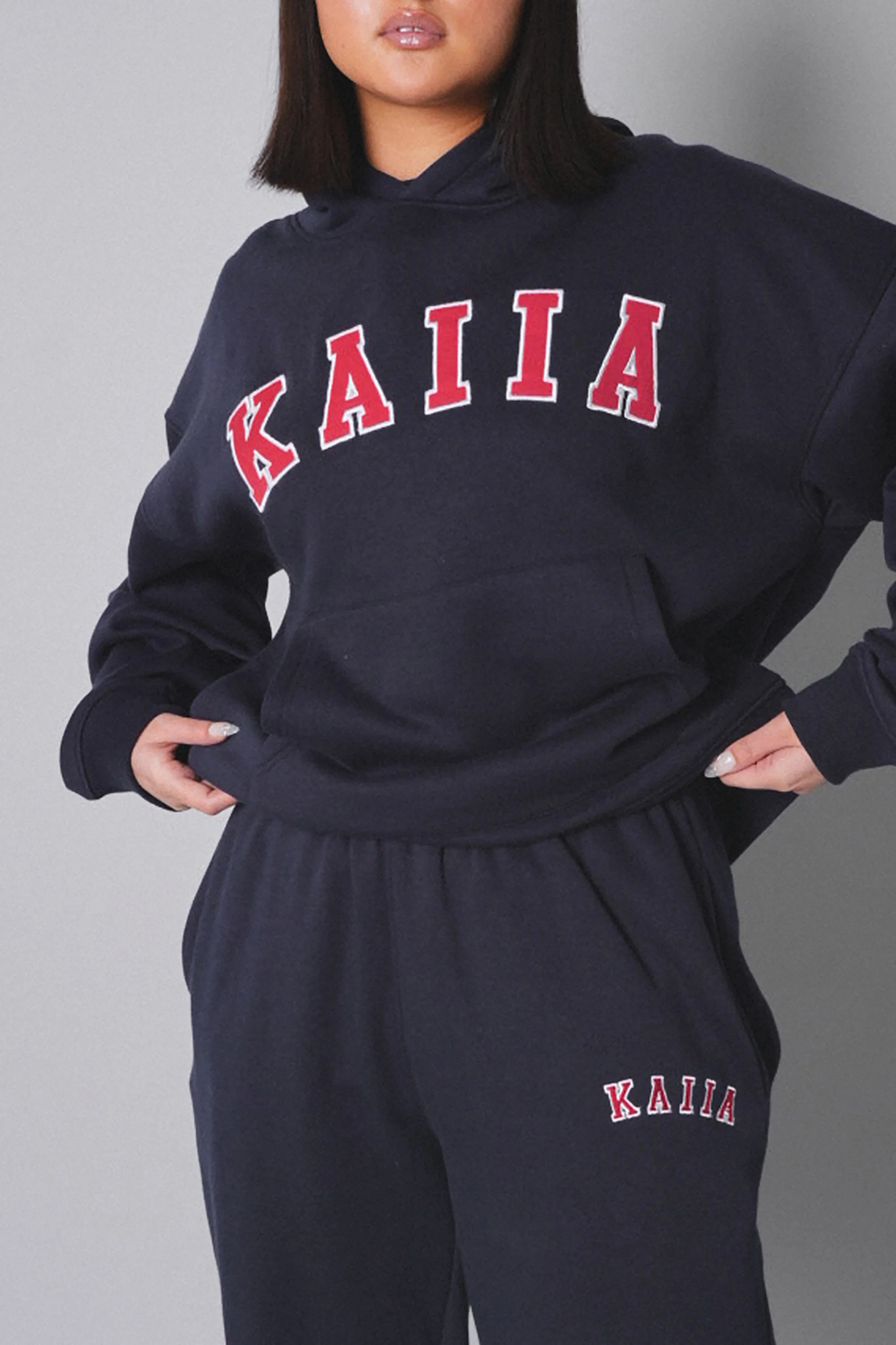Kaiia Slogan Oversized Hoodie Navy With Red - Image 4