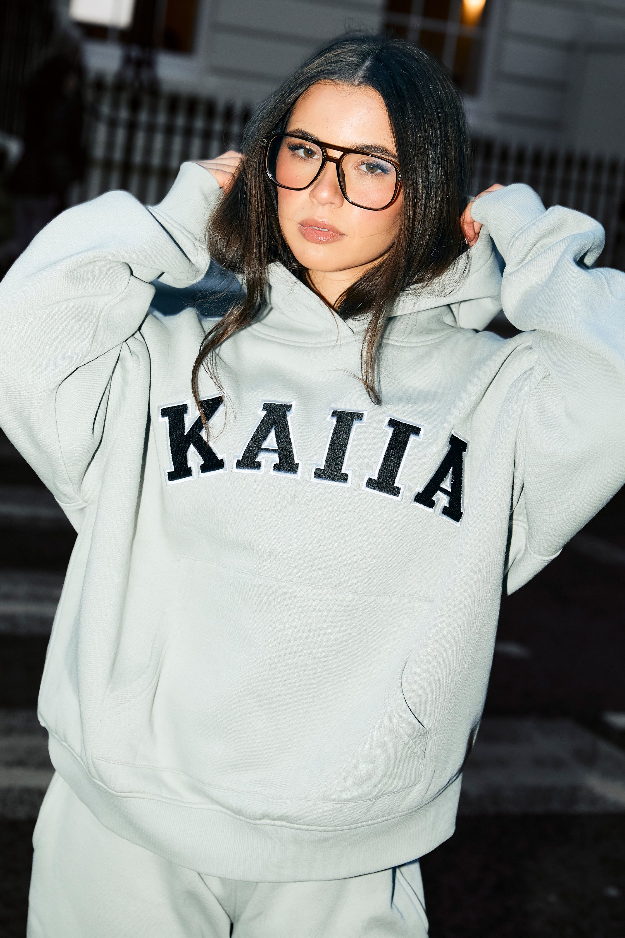 Kaiia Slogan Oversized Hoodie Pebble - Image 5