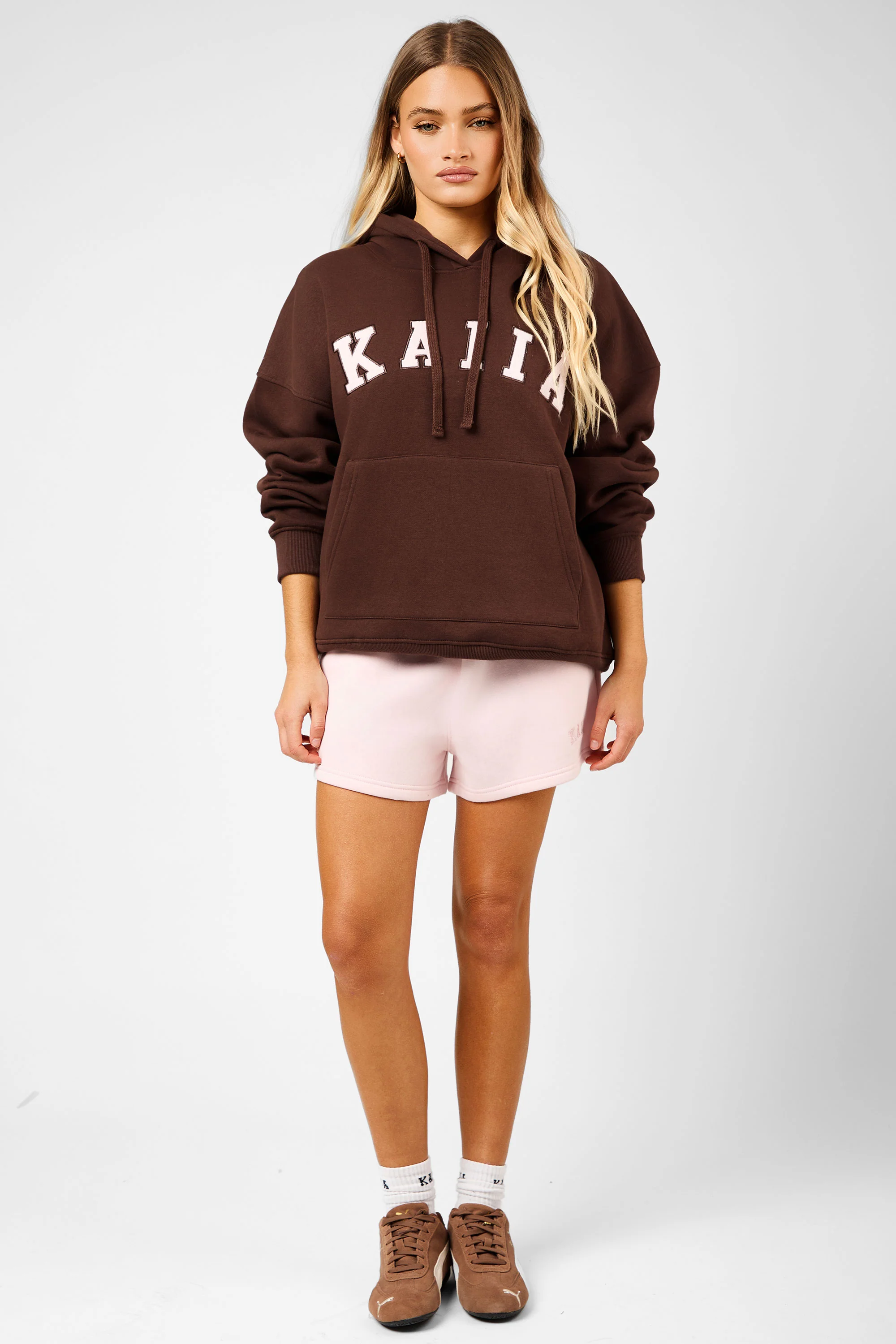 Kaiia Slogan Oversized Hoodie Peppercorn & Dusty Pink - Image 4