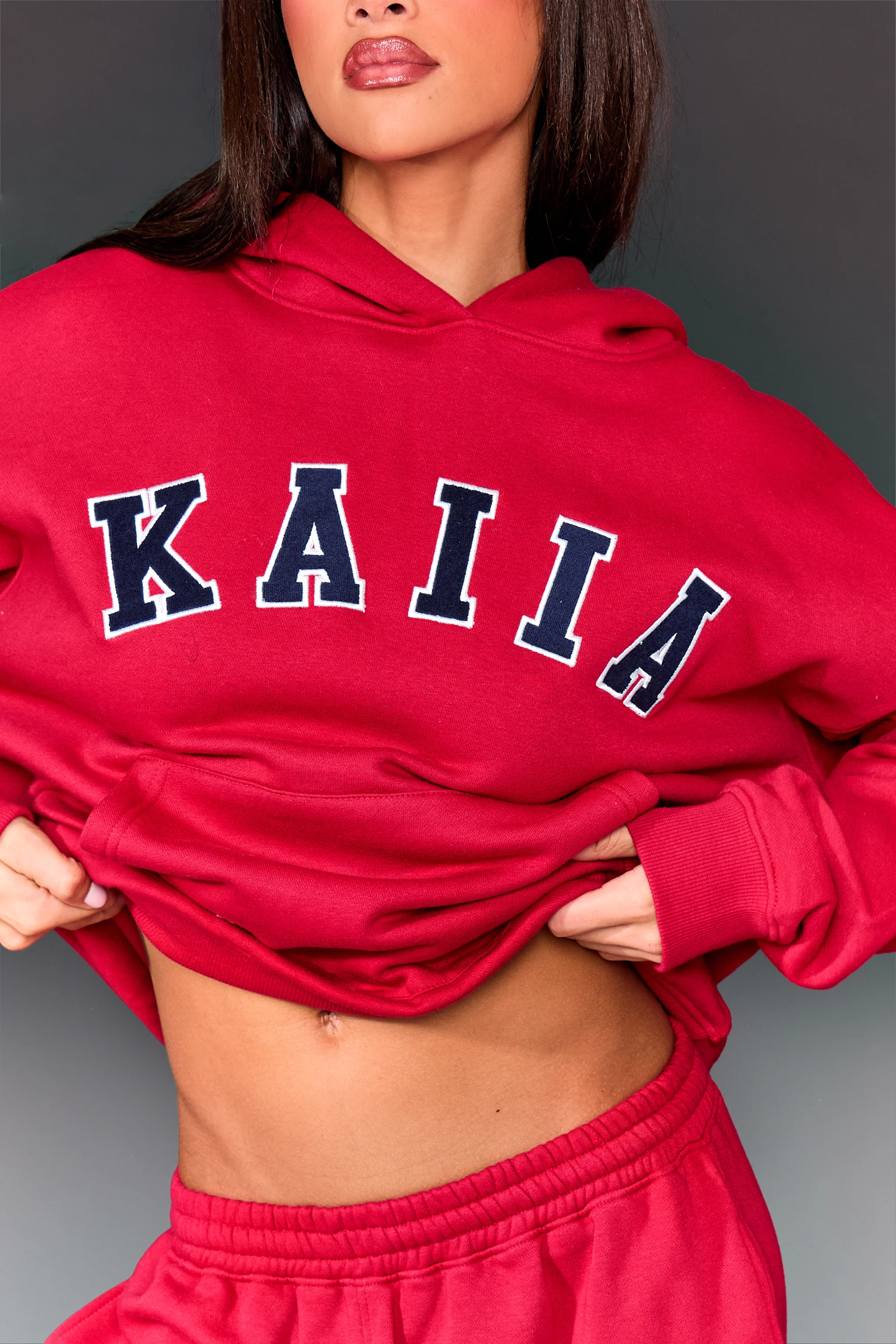 Kaiia Slogan Oversized Hoodie Red & Navy - Image 2