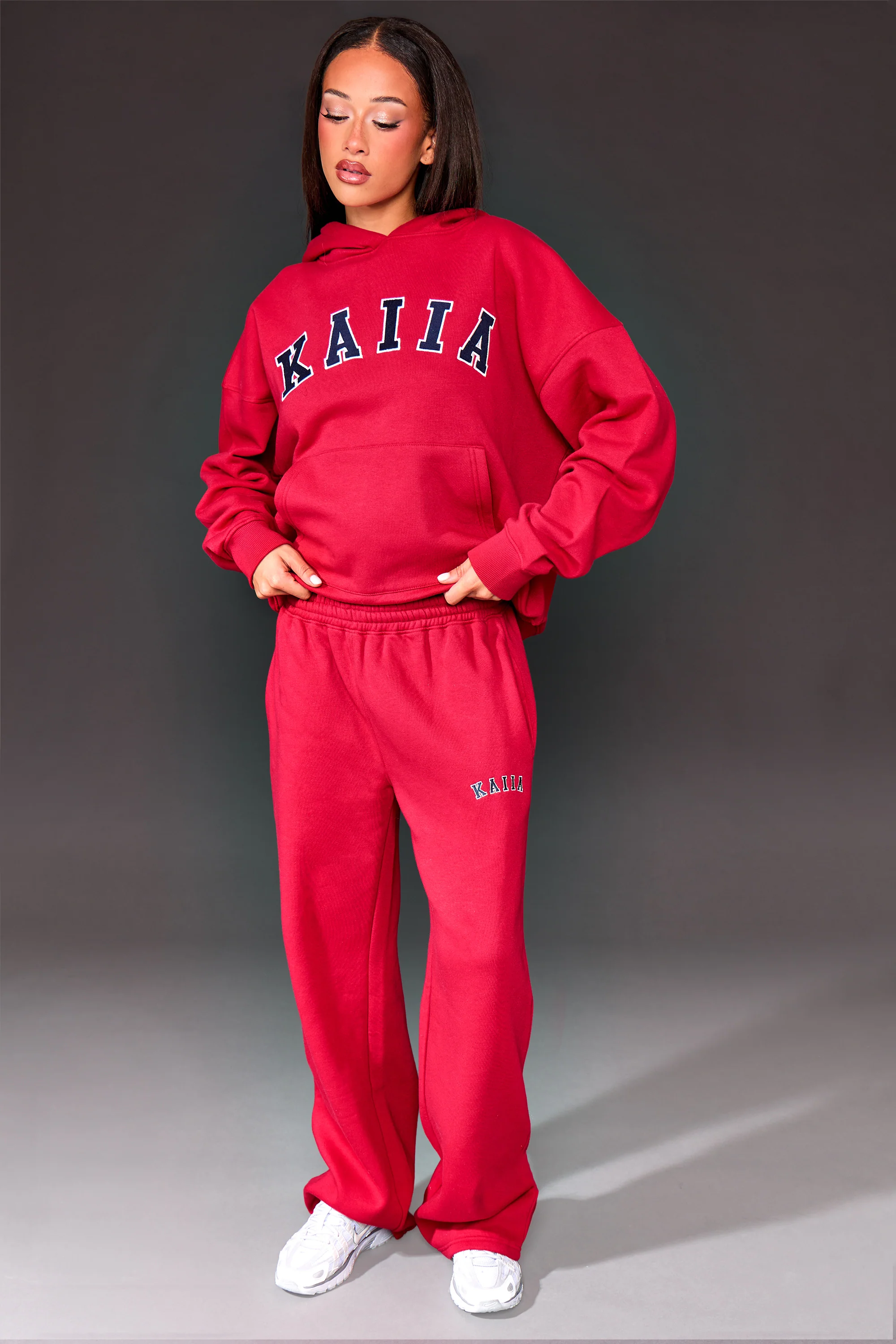Kaiia Slogan Oversized Hoodie Red & Navy - Image 3