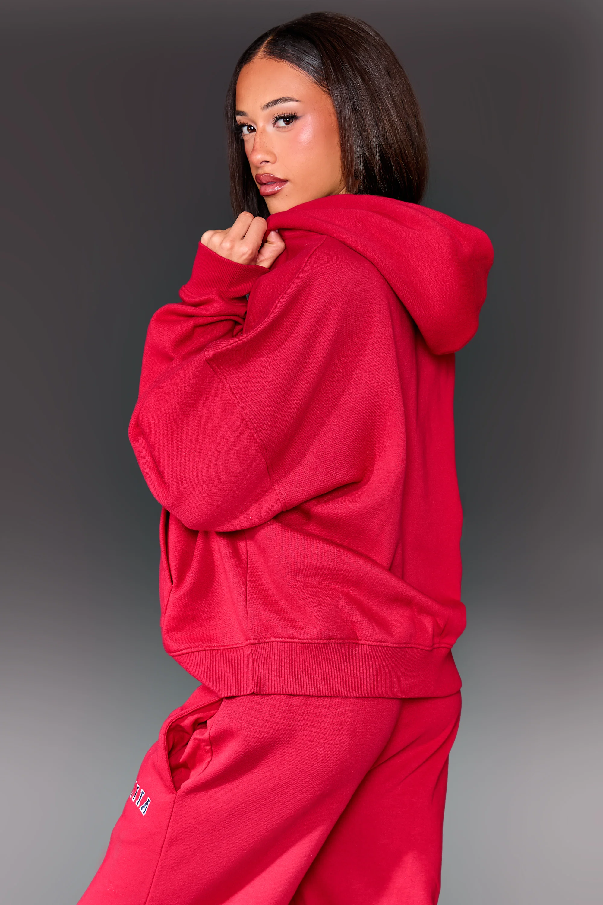 Kaiia Slogan Oversized Hoodie Red & Navy - Image 4