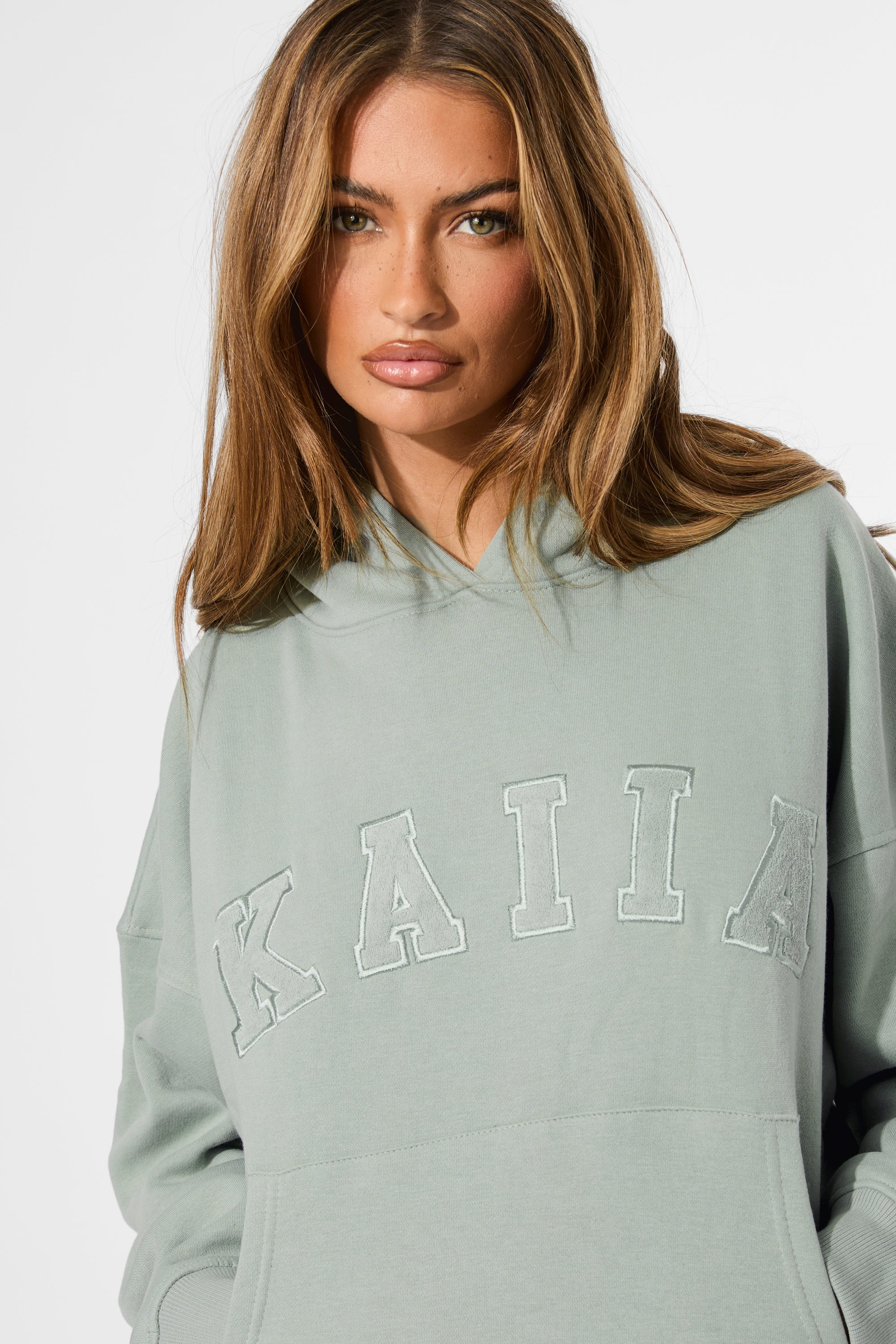 Kaiia Slogan Oversized Hoodie Sage Green - Image 10