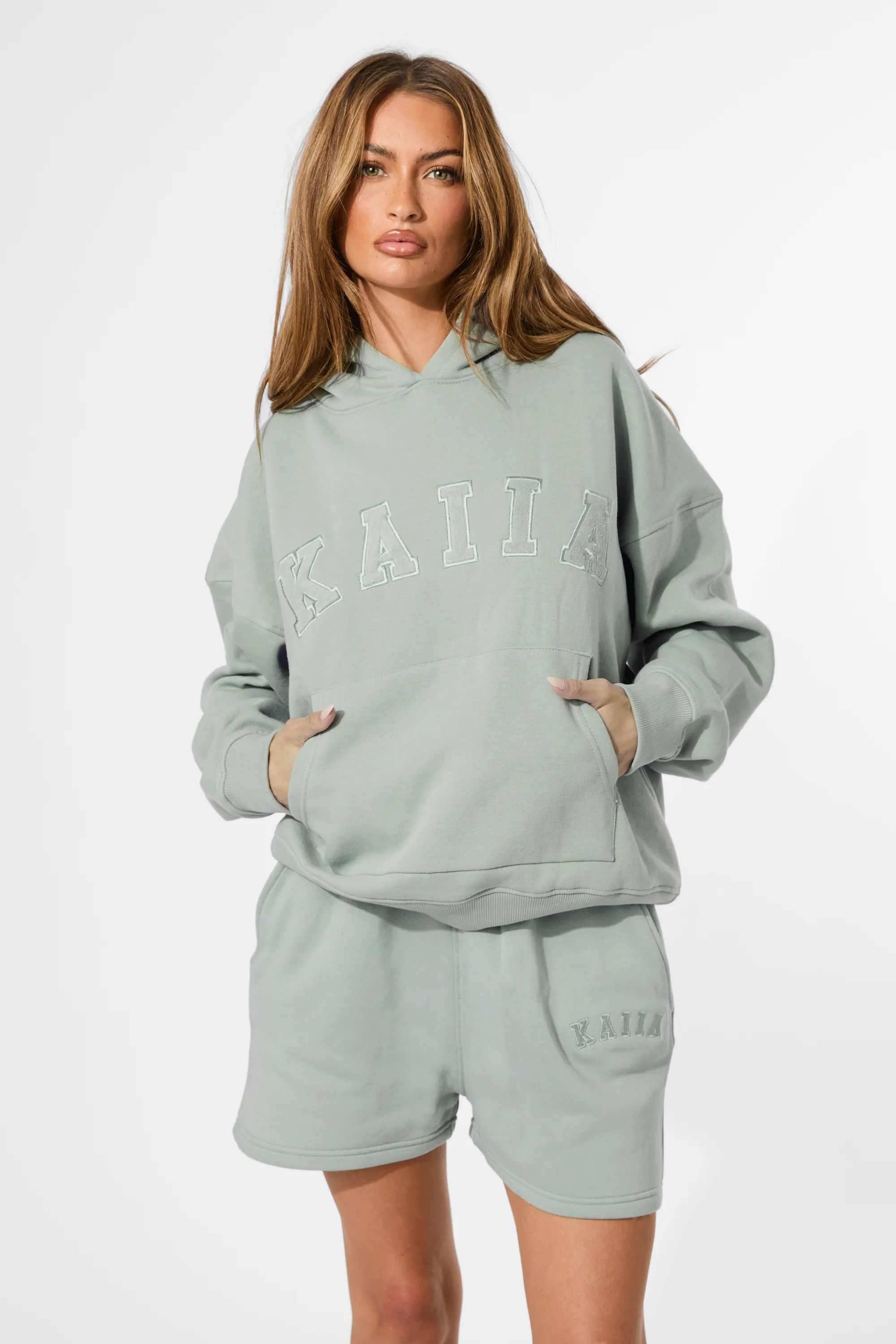 Kaiia Slogan Oversized Hoodie Sage Green - Image 11