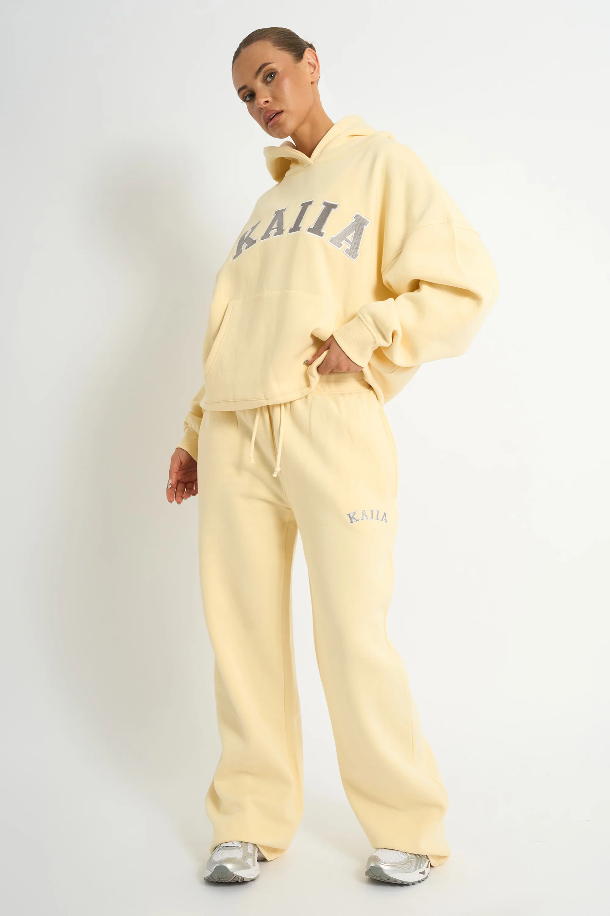 Kaiia Slogan Oversized Hoodie Soft Yellow & Grey - Image 4