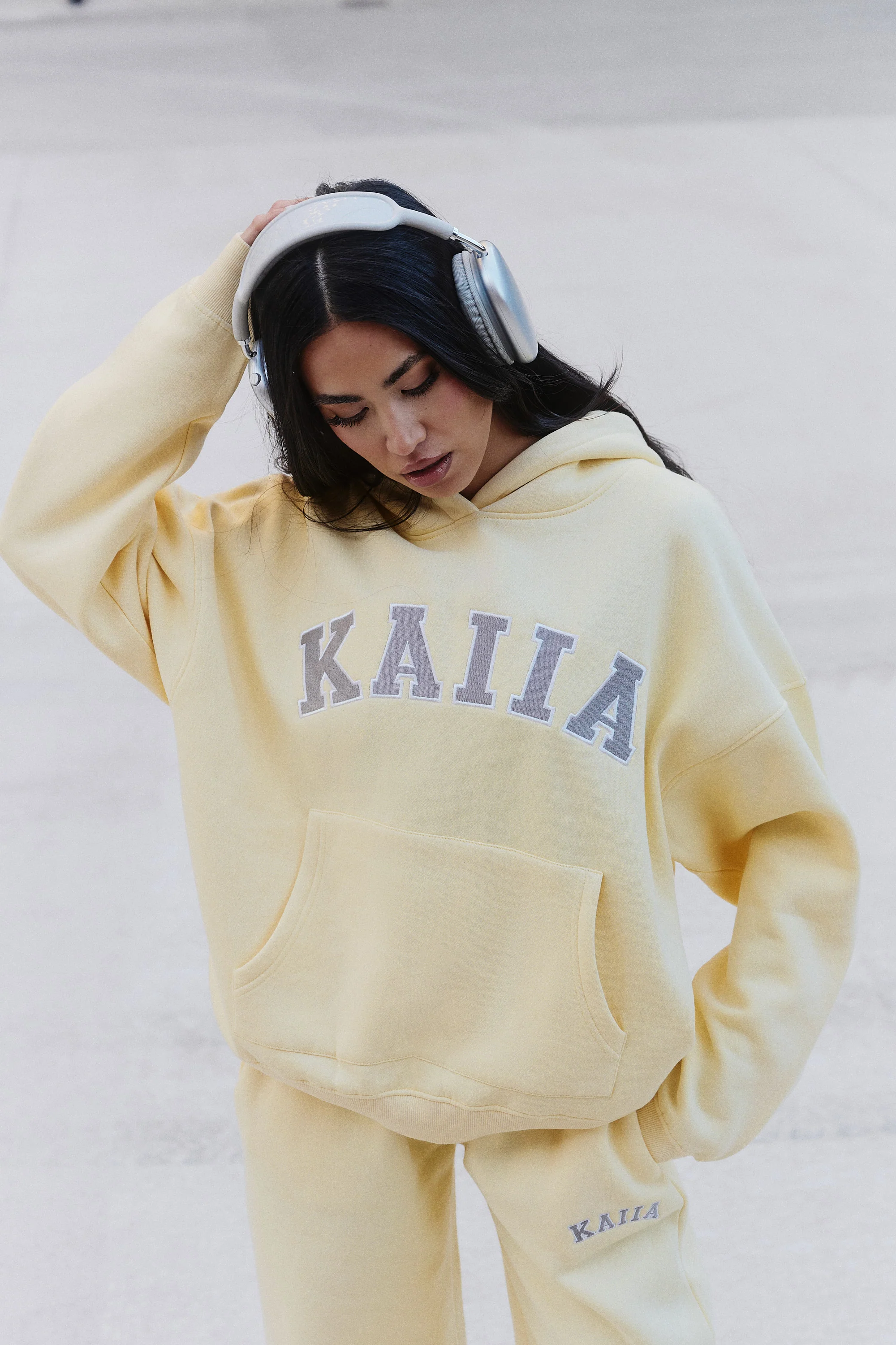 Kaiia Slogan Oversized Hoodie Soft Yellow & Grey - Image 5