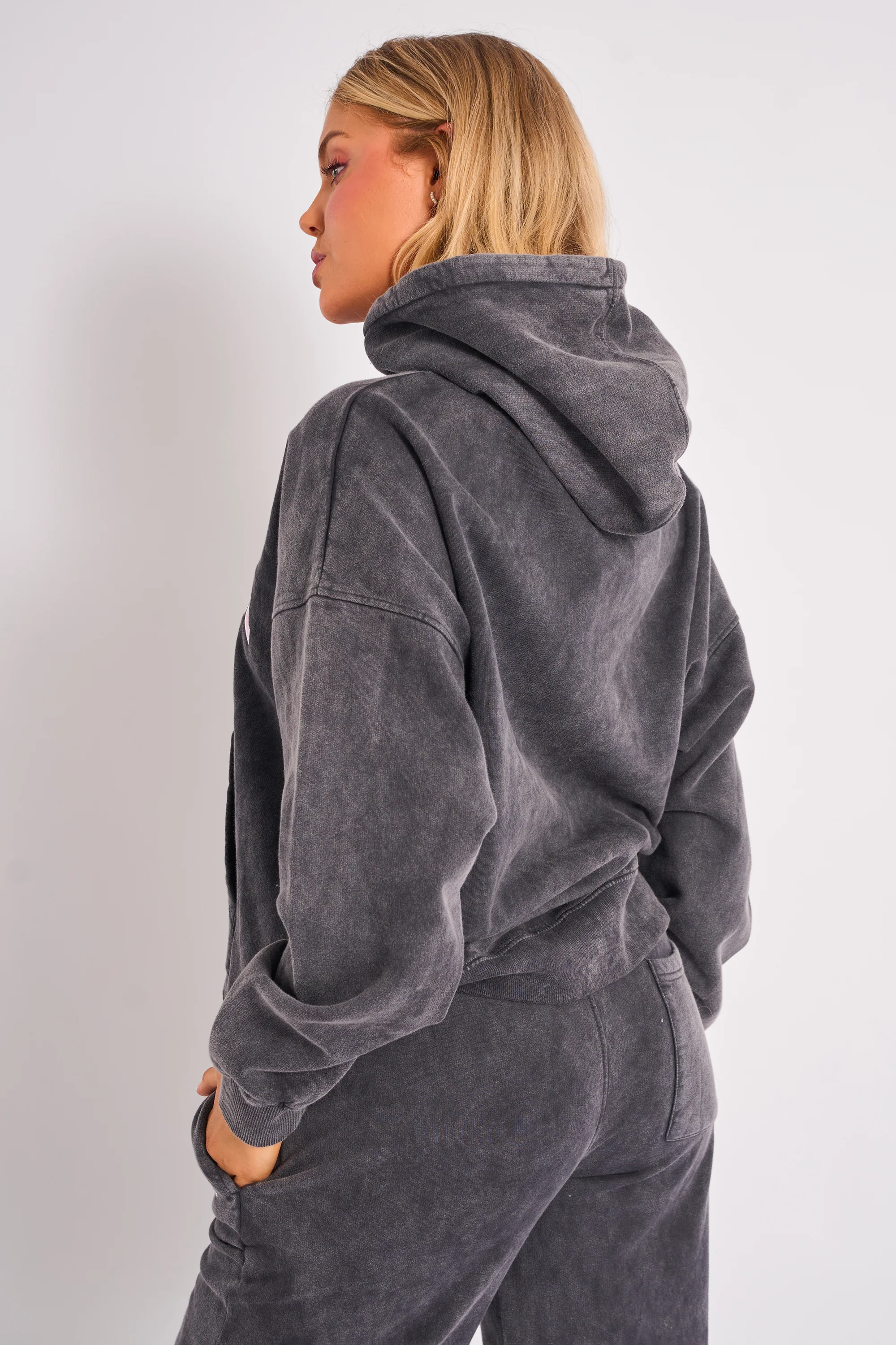 Kaiia Slogan Oversized Hoodie Washed Dark Grey & Pink - Image 2