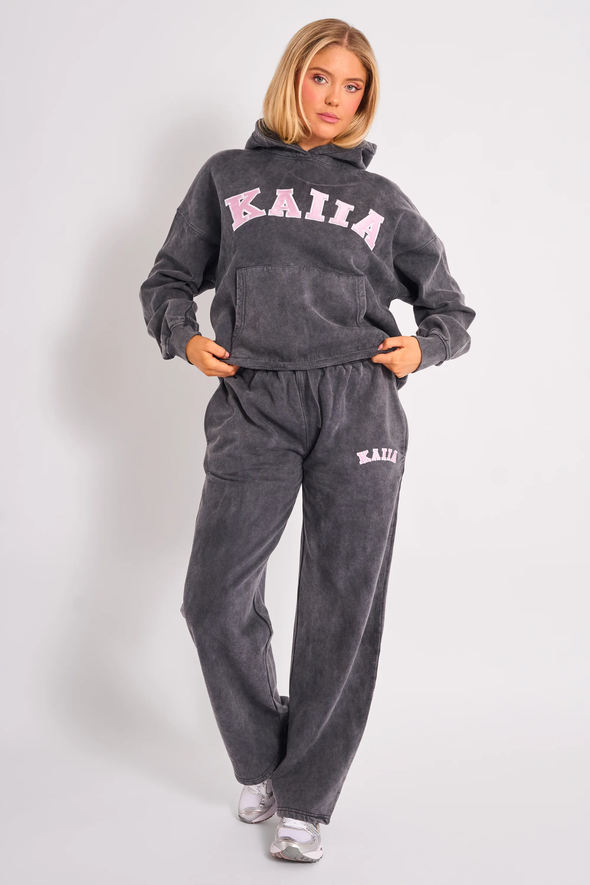 Kaiia Slogan Oversized Hoodie Washed Dark Grey & Pink - Image 3