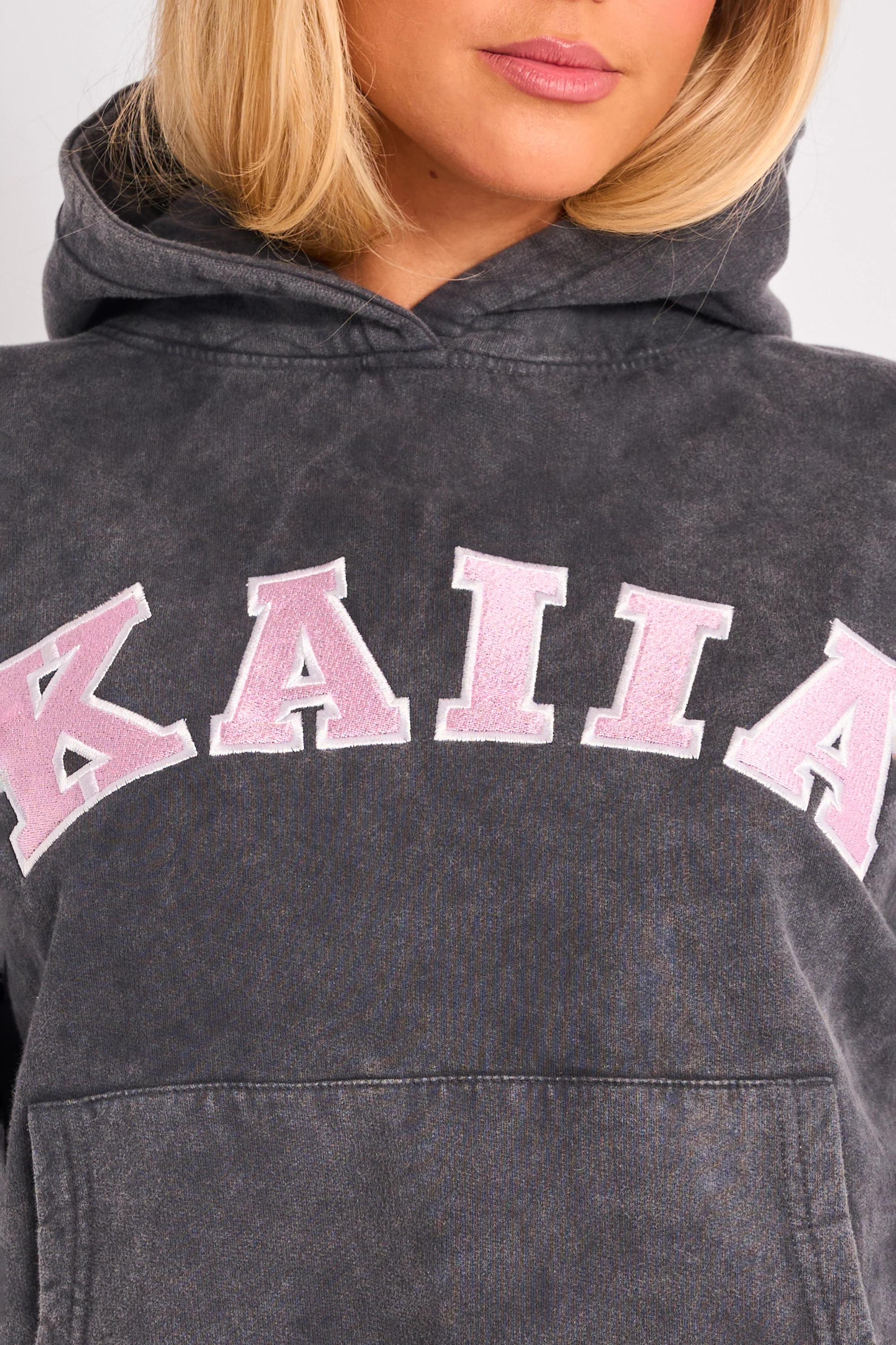 Kaiia Slogan Oversized Hoodie Washed Dark Grey & Pink - Image 4