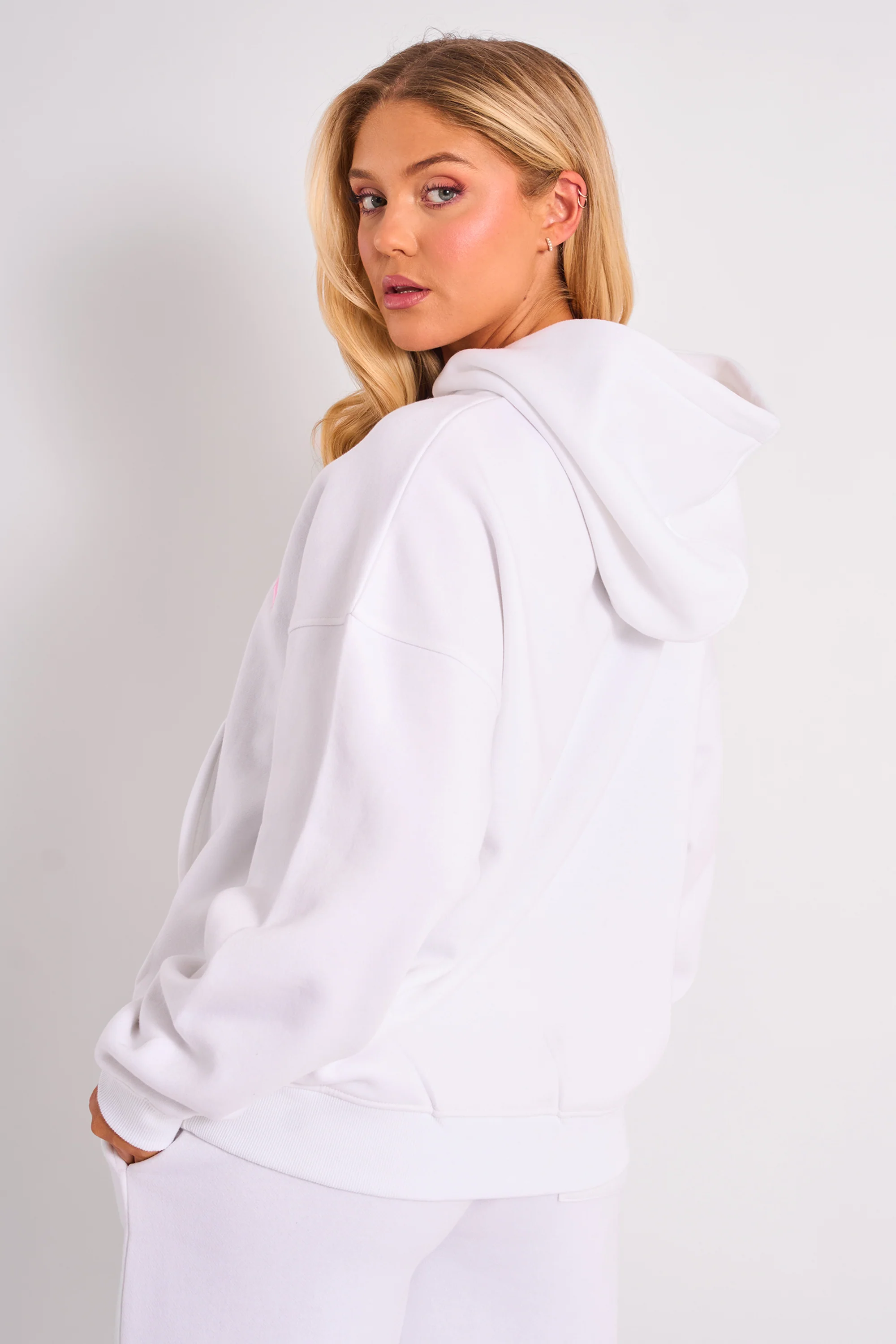 Kaiia Bow Embroidered Oversized Hoodie White & Pink - Image 2