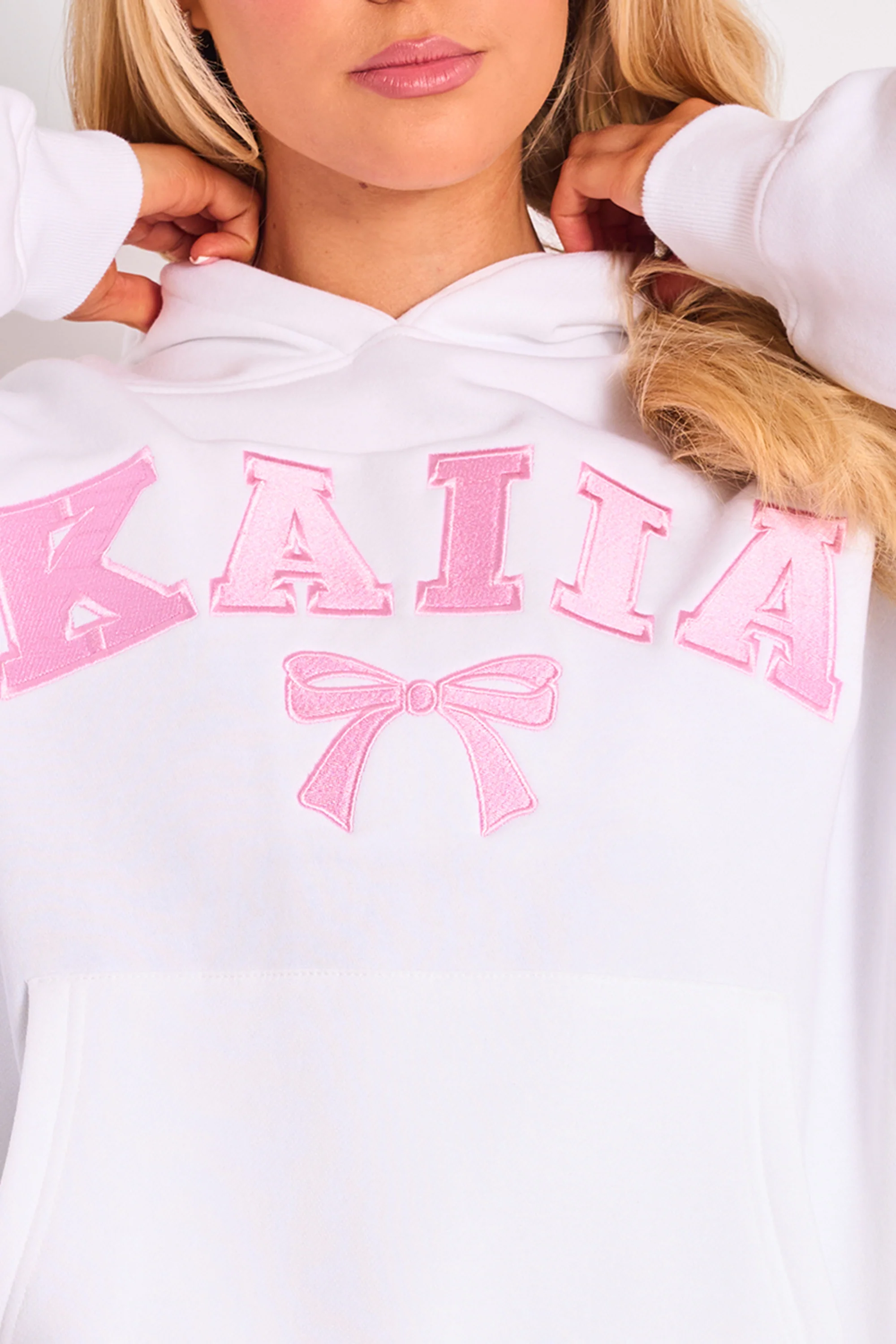 Kaiia Bow Embroidered Oversized Hoodie White & Pink - Image 4