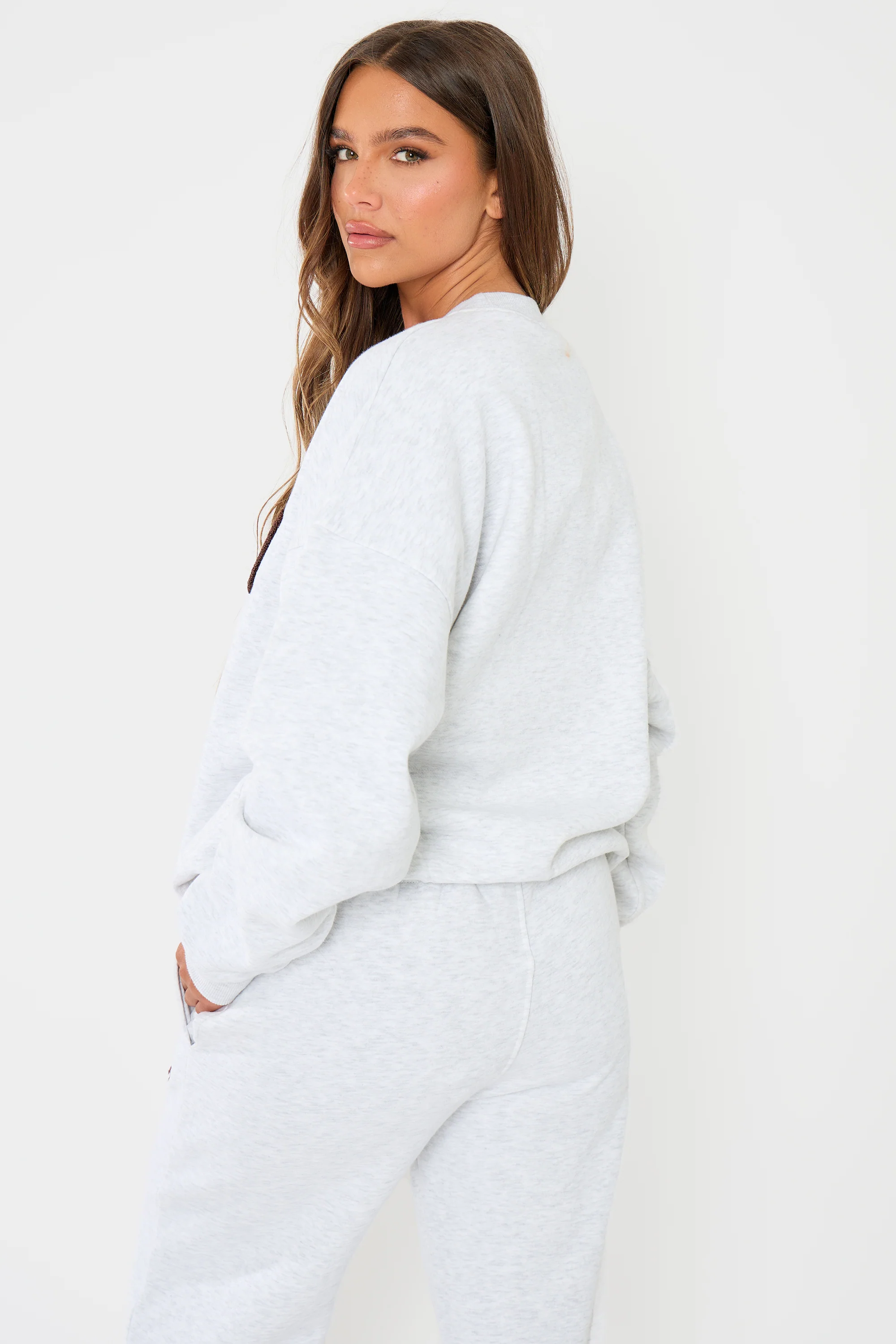 Kaiia Slogan Oversized Sweatshirt Light Grey Marl & Brown - Image 6