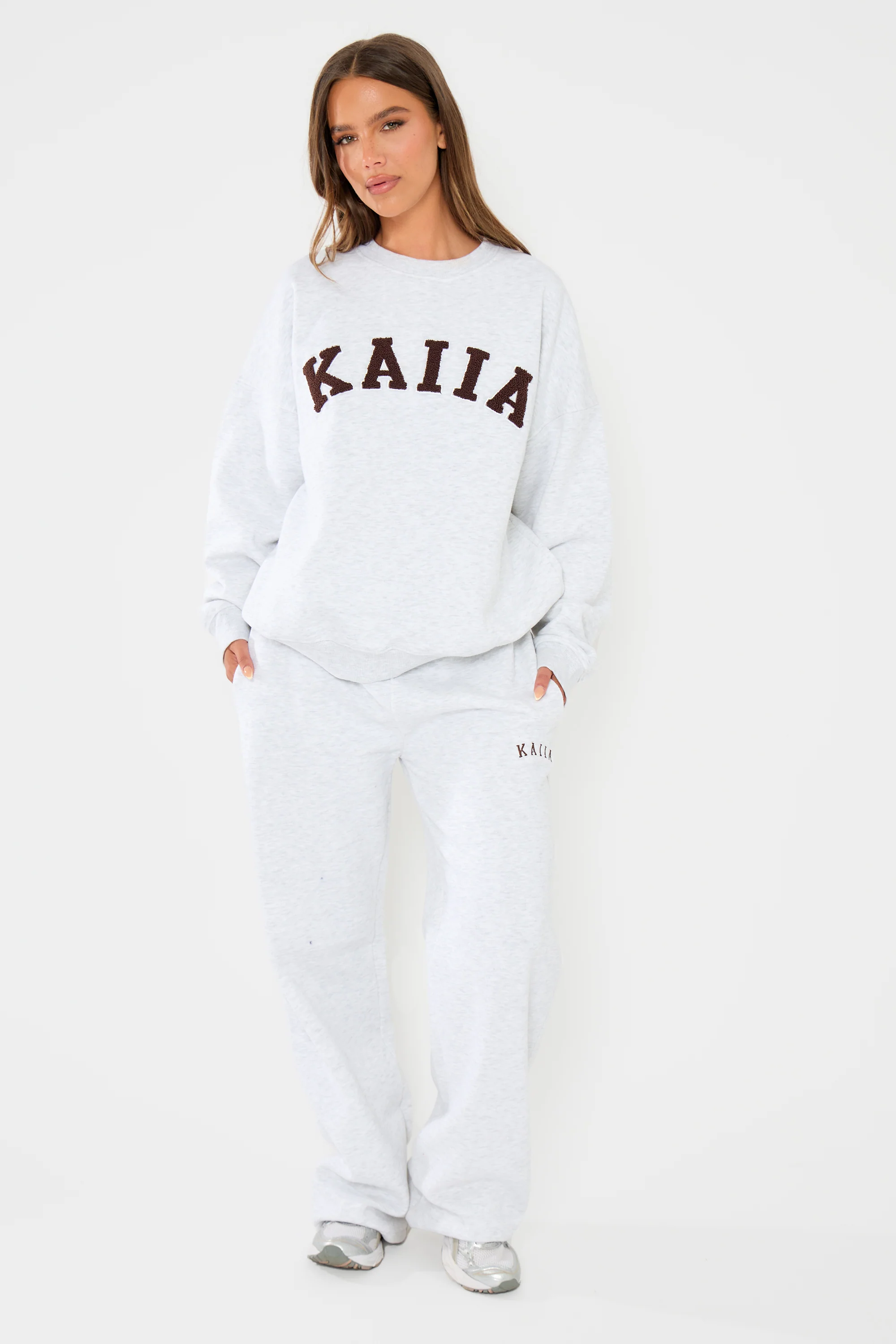 Kaiia Slogan Oversized Sweatshirt Light Grey Marl & Brown - Image 8