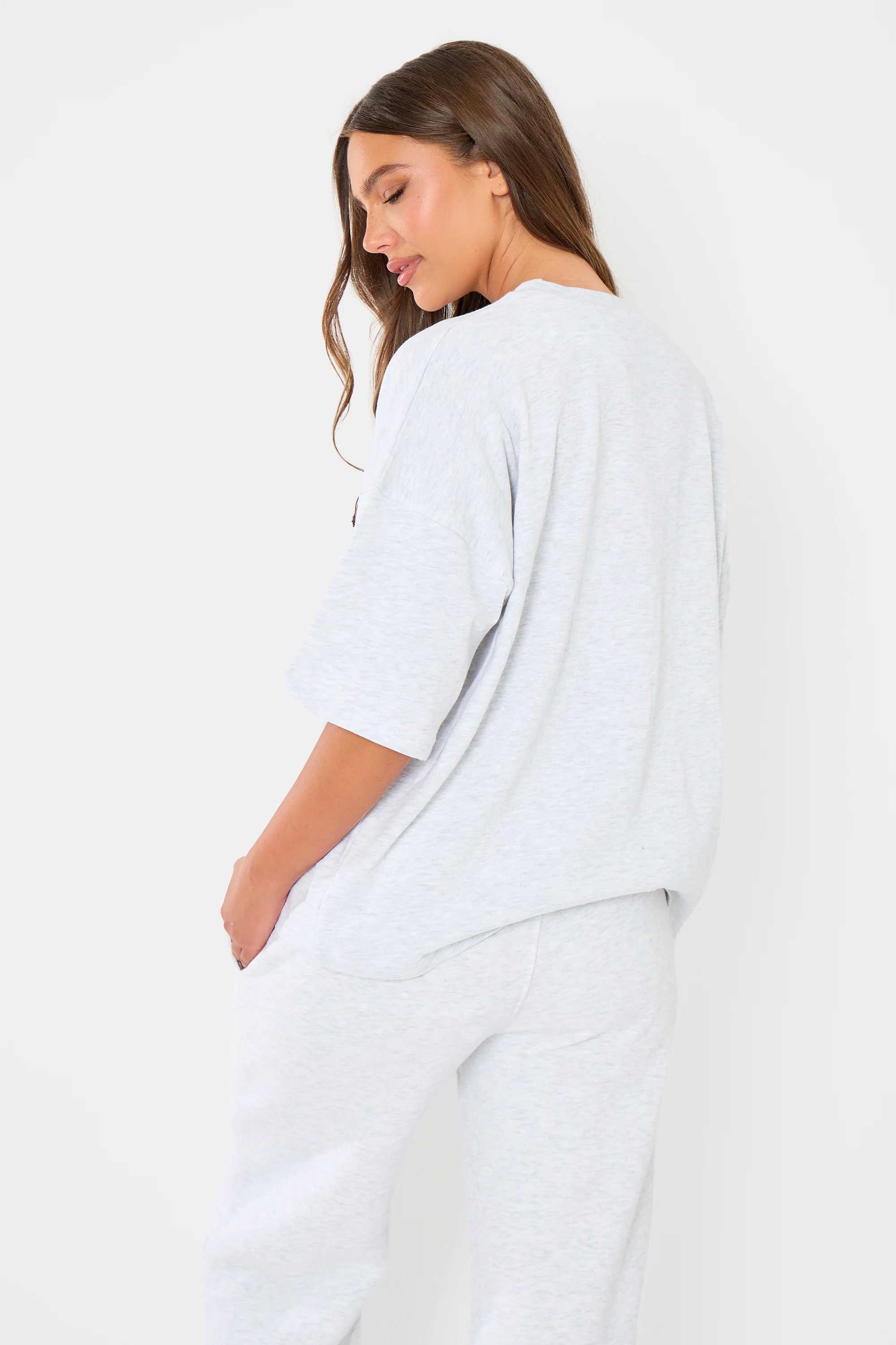 Kaiia Slogan Oversized T-shirt Light Grey Marl & Brown - Image 6