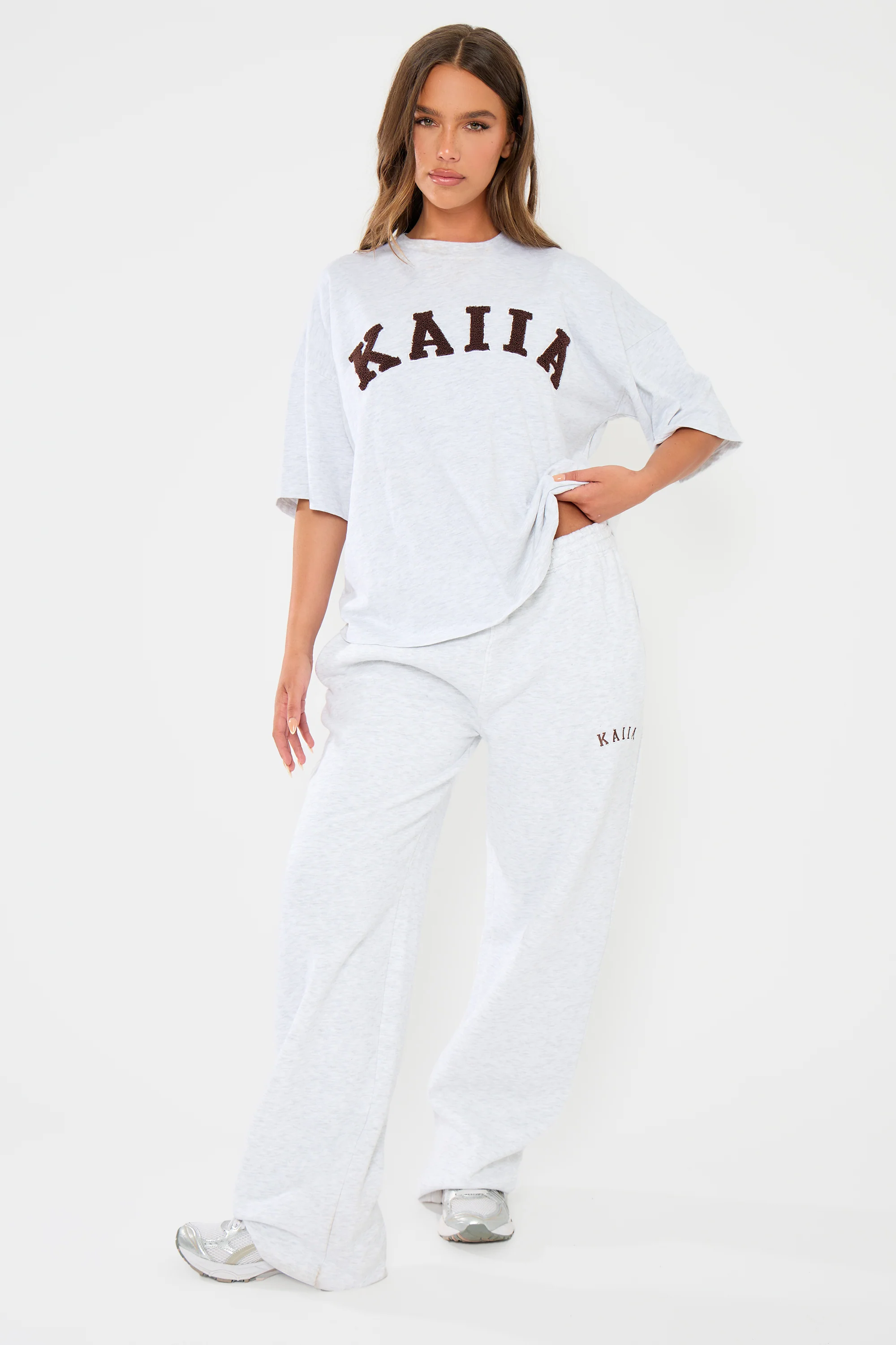 Kaiia Slogan Oversized T-shirt Light Grey Marl & Brown - Image 8