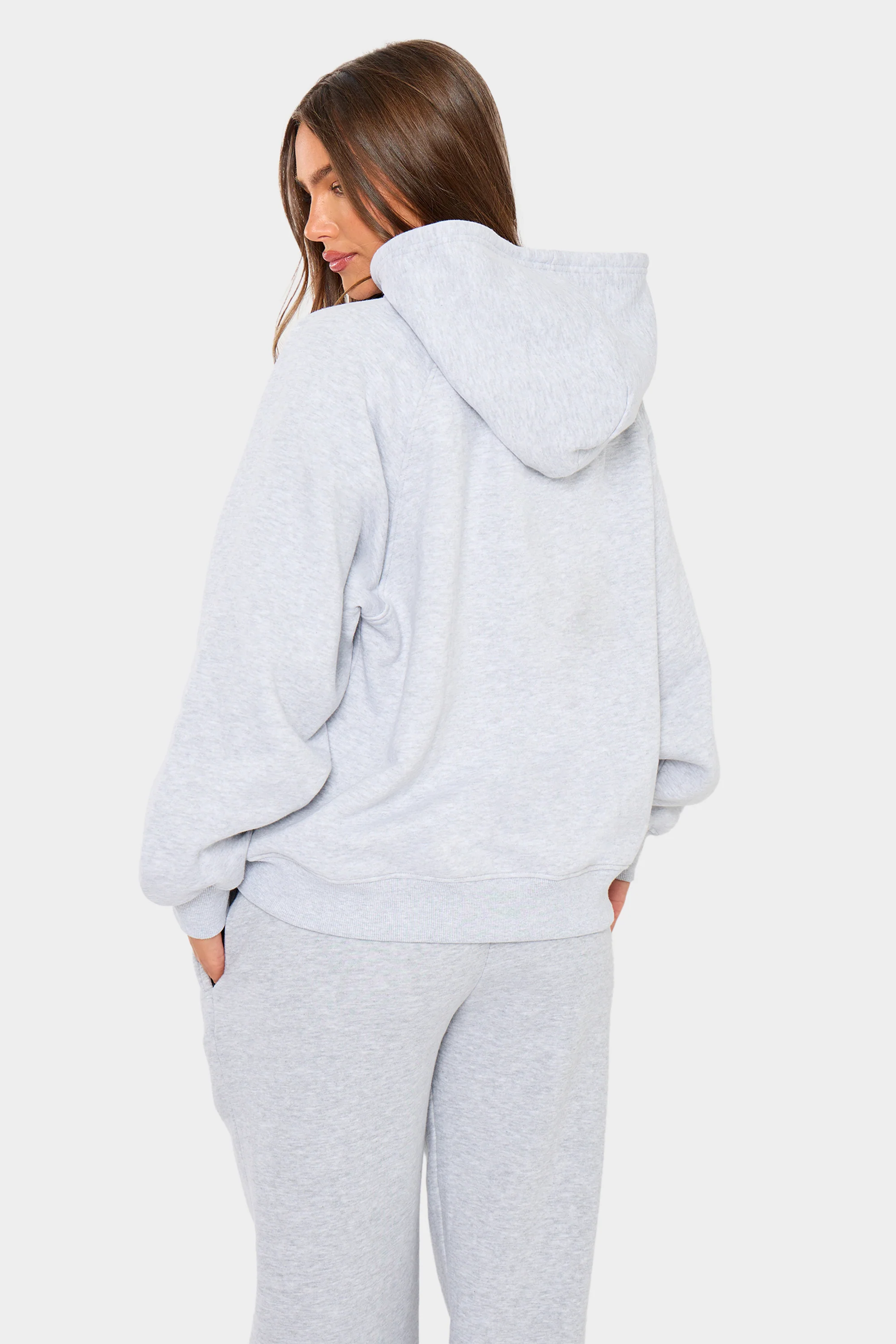 Kaiia Slogan Oversized Zip Through Hoodie Light Grey Marl & Red - Image 4