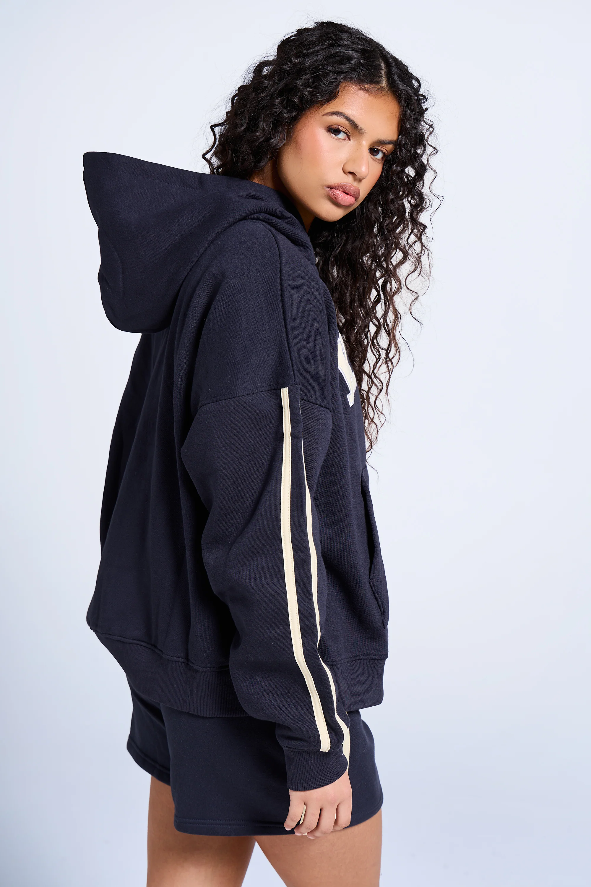 Kaiia Slogan Side Stripe Oversized Hoodie Ink Blue & Lemon - Image 4
