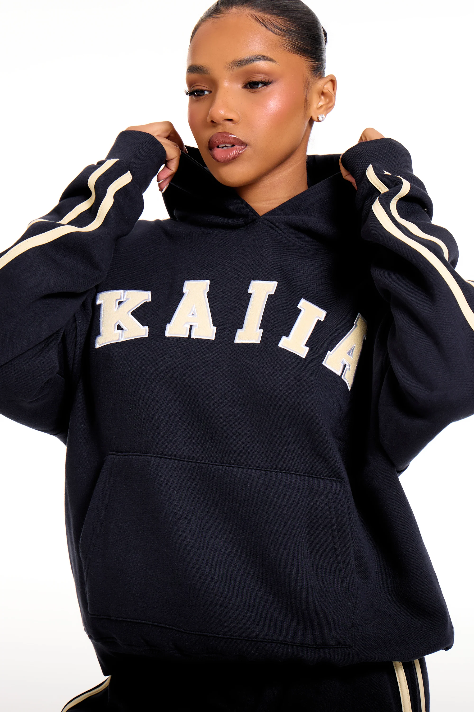 Kaiia Slogan Side Stripe Oversized Hoodie Ink Blue & Lemon - Image 5