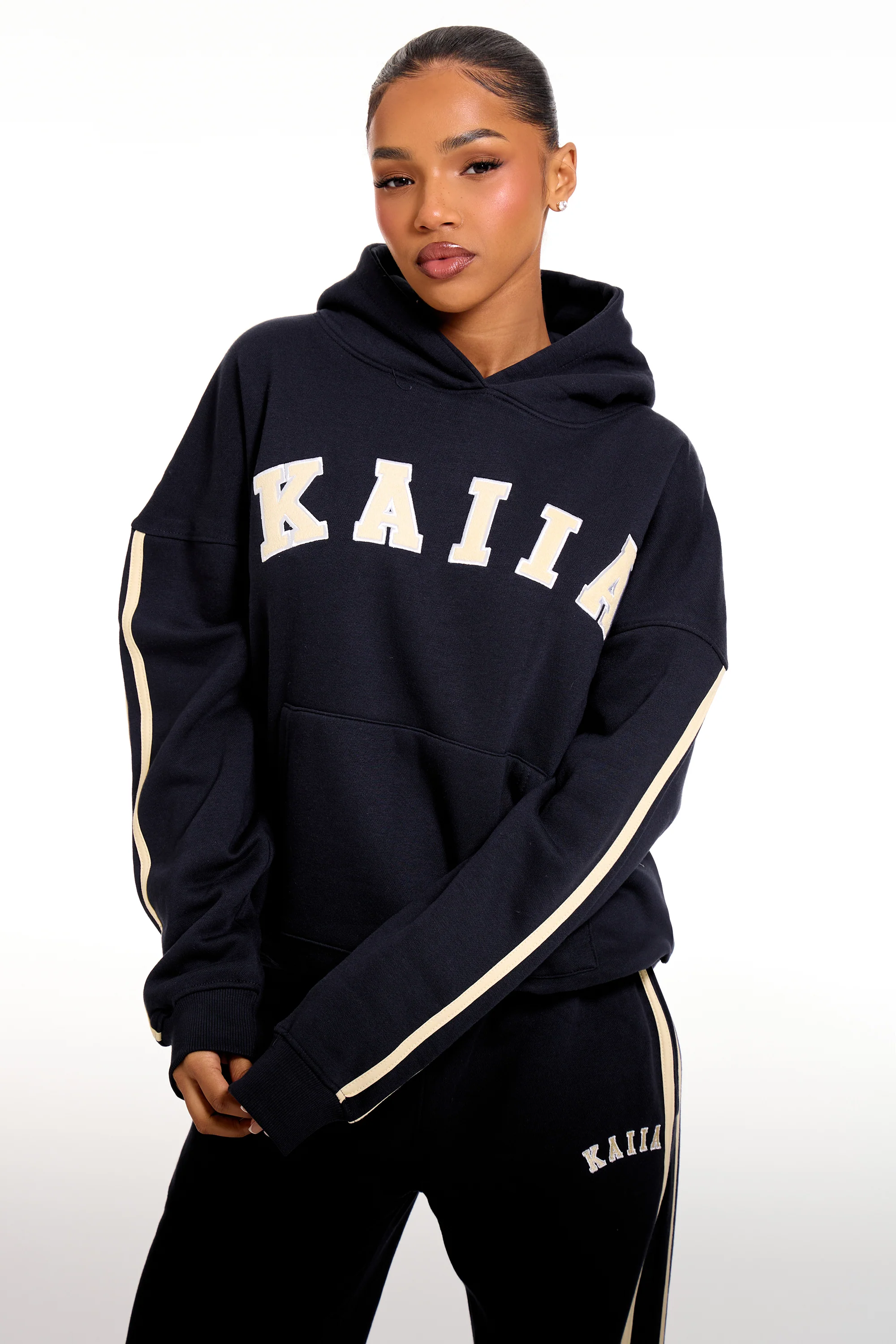 Kaiia Slogan Side Stripe Oversized Hoodie Ink Blue & Lemon - Image 6
