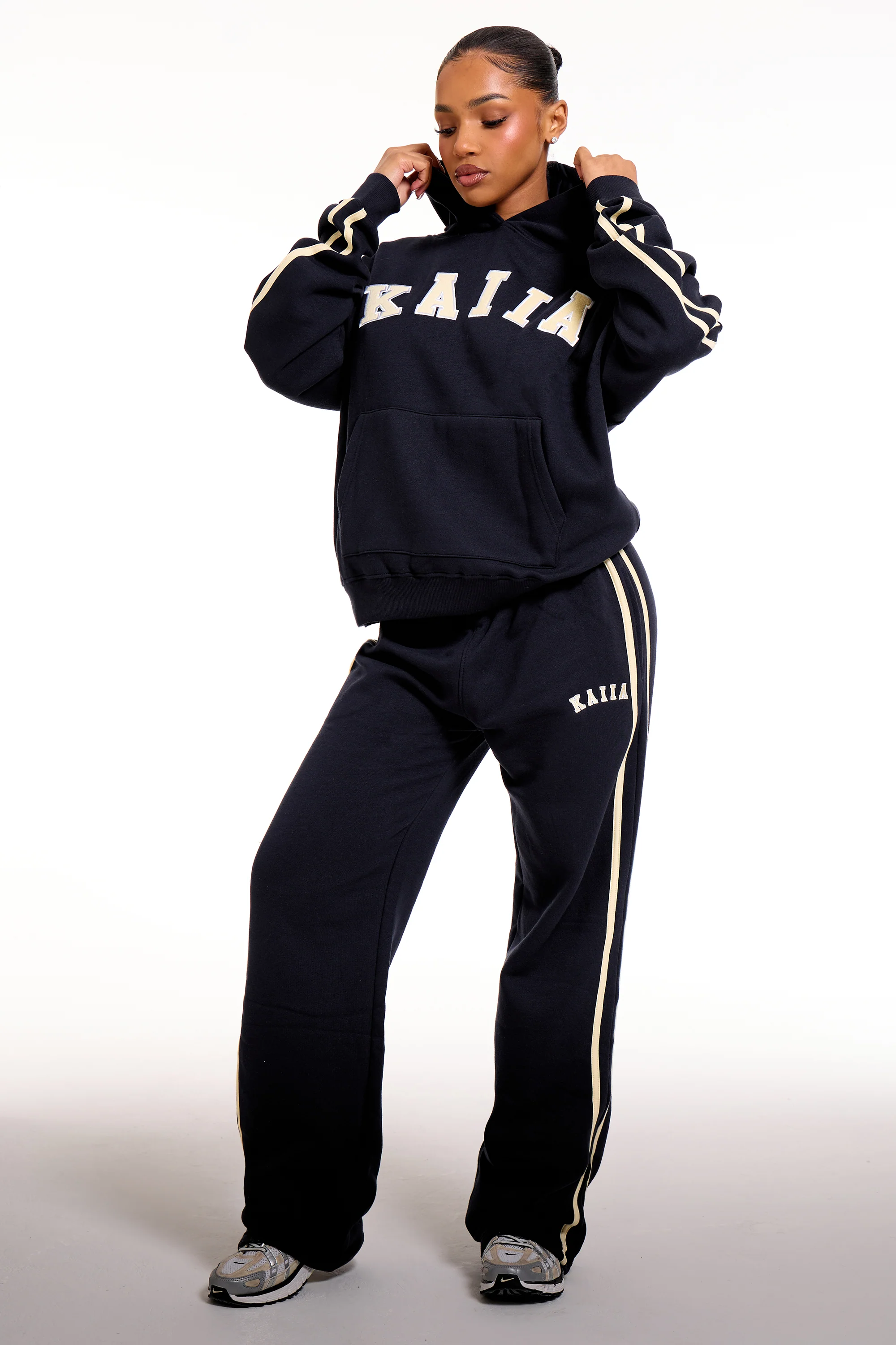 Kaiia Slogan Side Stripe Oversized Hoodie Ink Blue & Lemon - Image 7