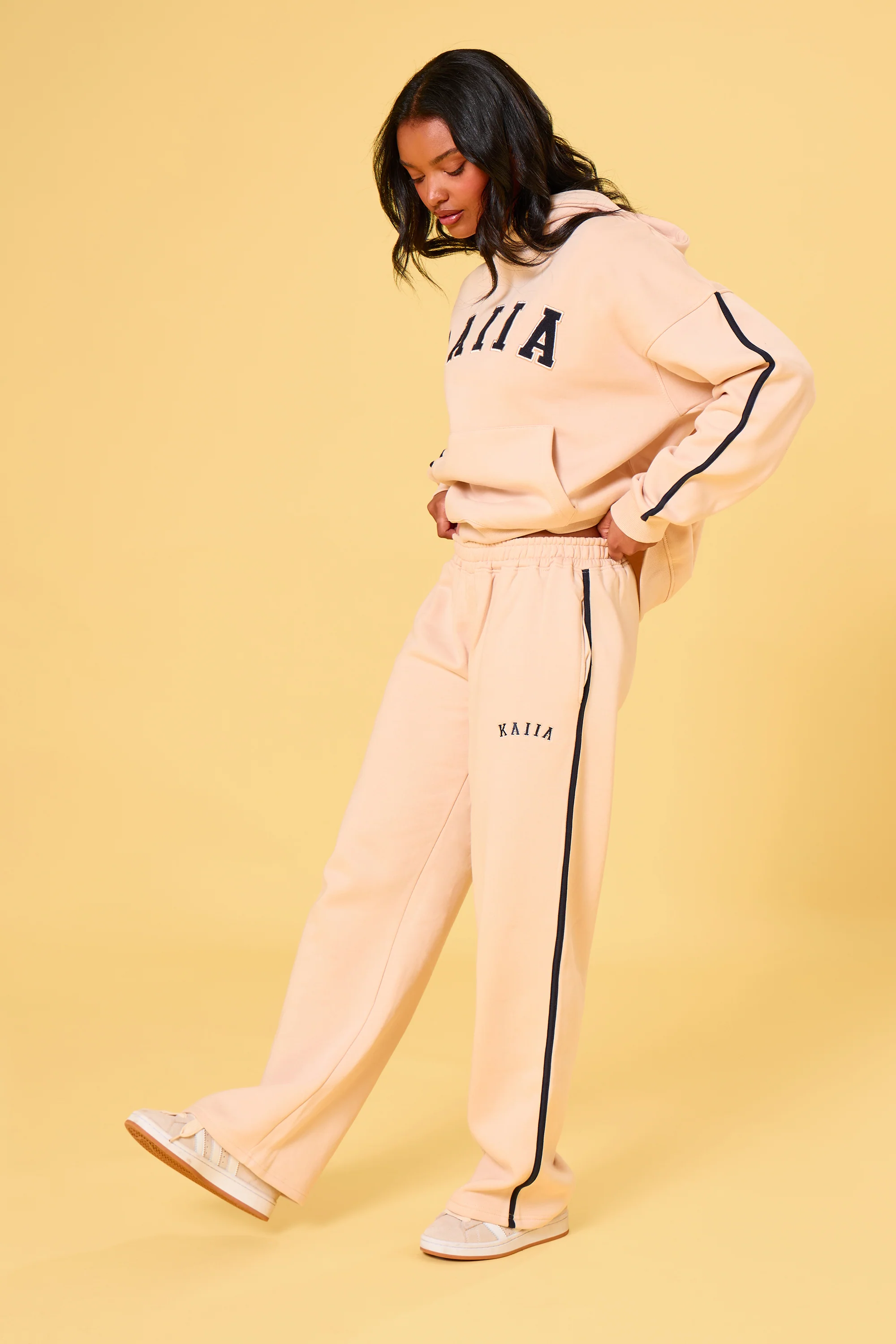 Kaiia Slogan Side Stripe Wide Leg Joggers Cream & Navy - Image 6