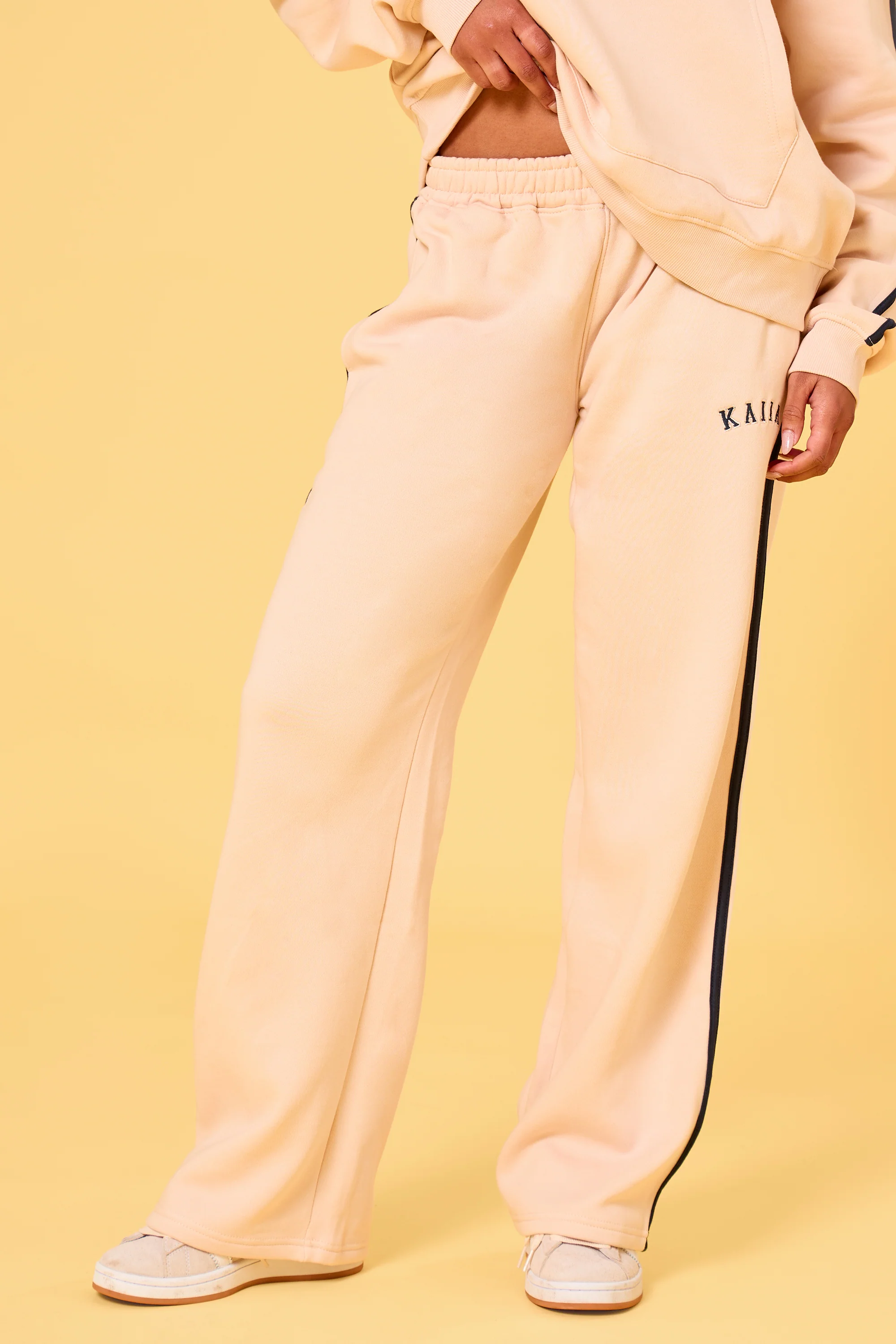 Kaiia Slogan Side Stripe Wide Leg Joggers Cream & Navy - Image 7