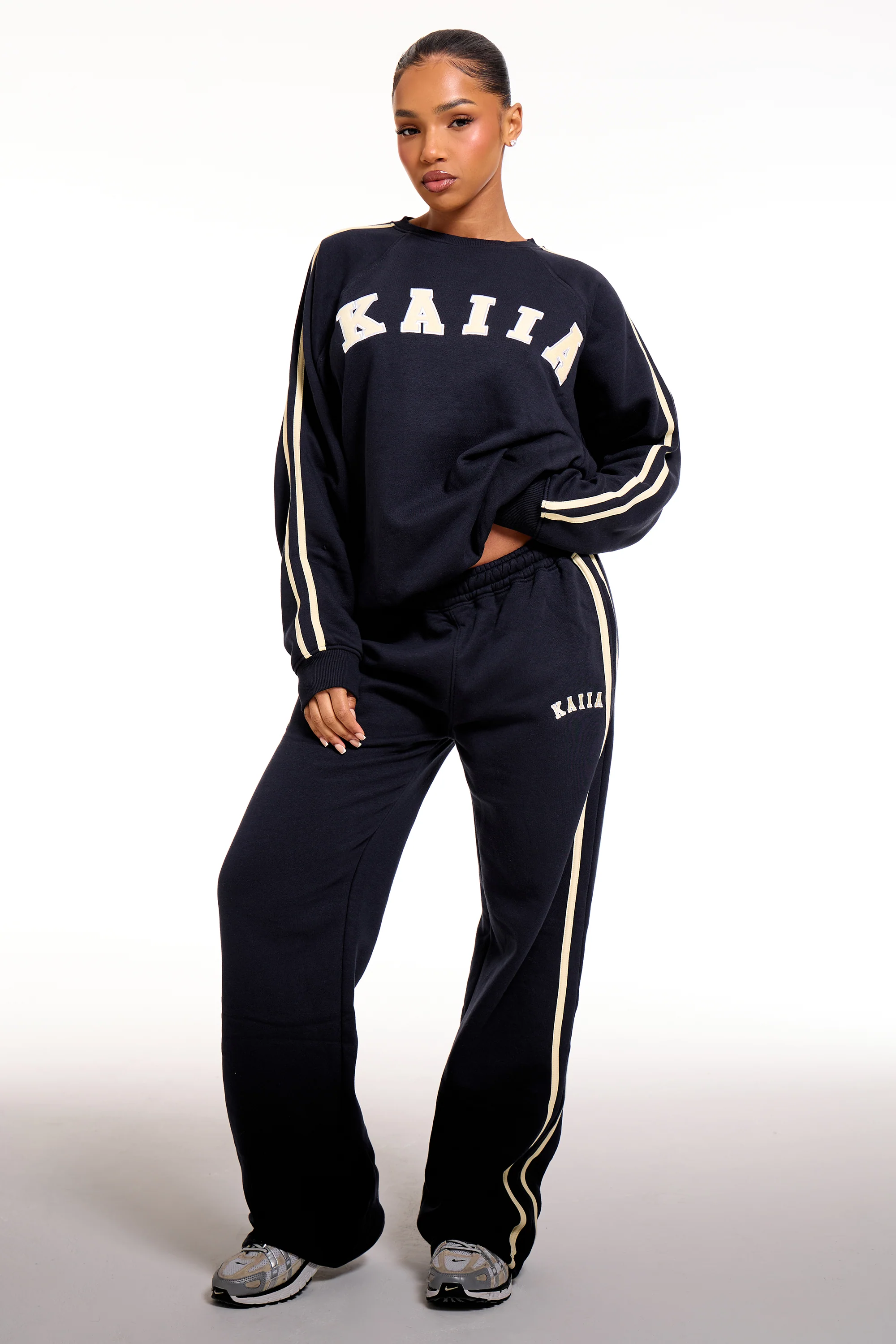 Kaiia Slogan Sport Side Stripe Oversized Sweatshirt Ink Blue & Lemon - Image 3