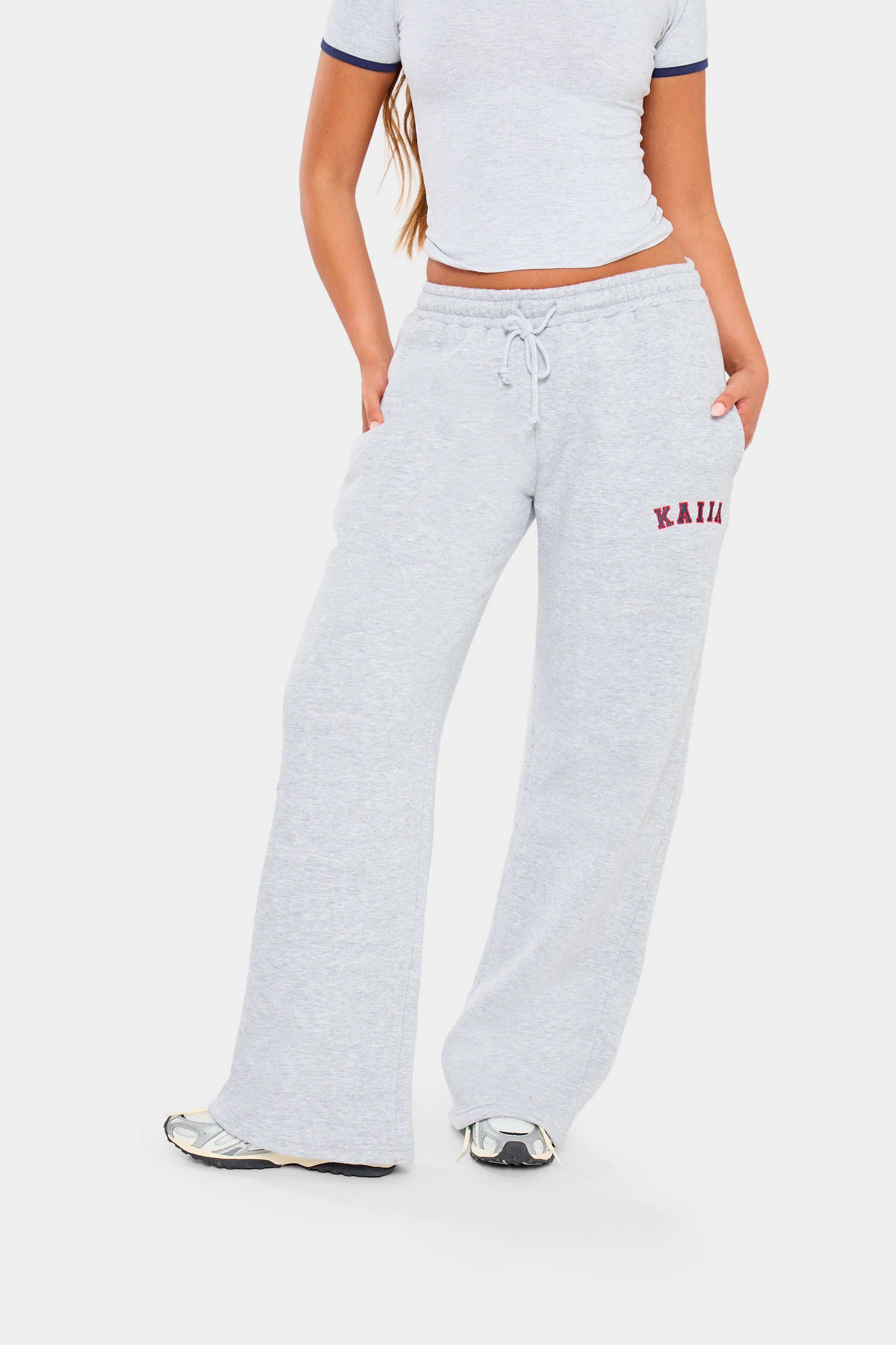 Kaiia Slogan Straight Leg Joggers Light Grey Marl & Red - Image 2