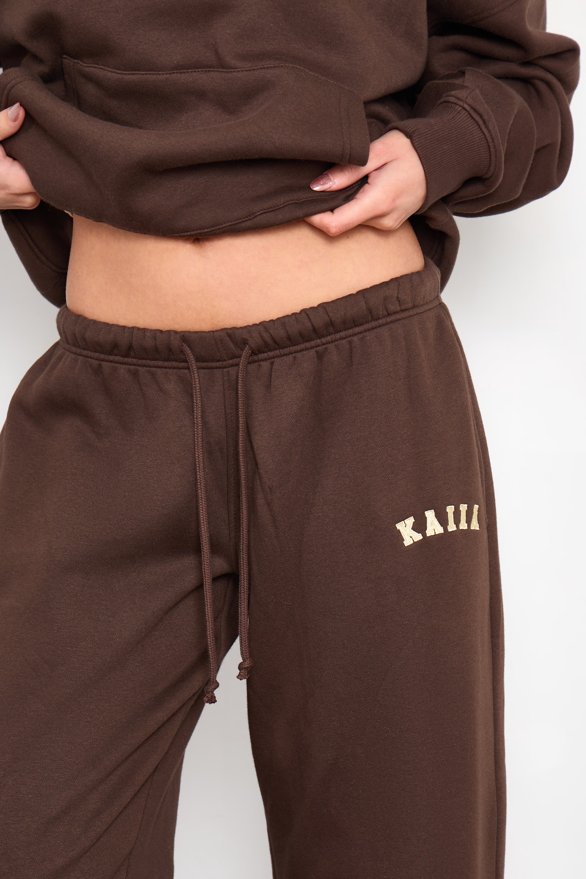 Kaiia Slogan Wide Leg Joggers Bitter Chocolate & Butter Yellow - Image 2