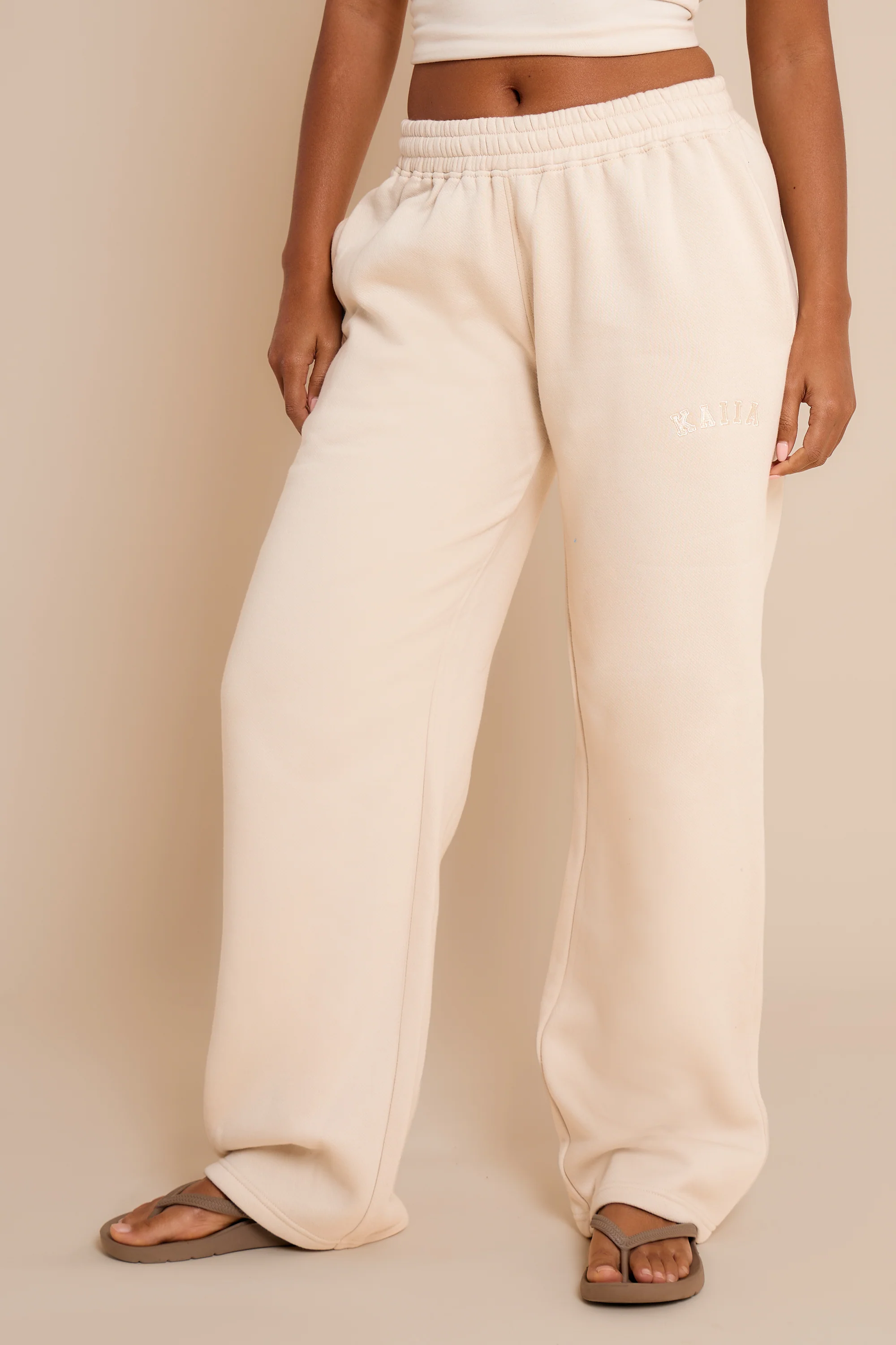 Kaiia Slogan Wide Leg Joggers Chalk - Image 3