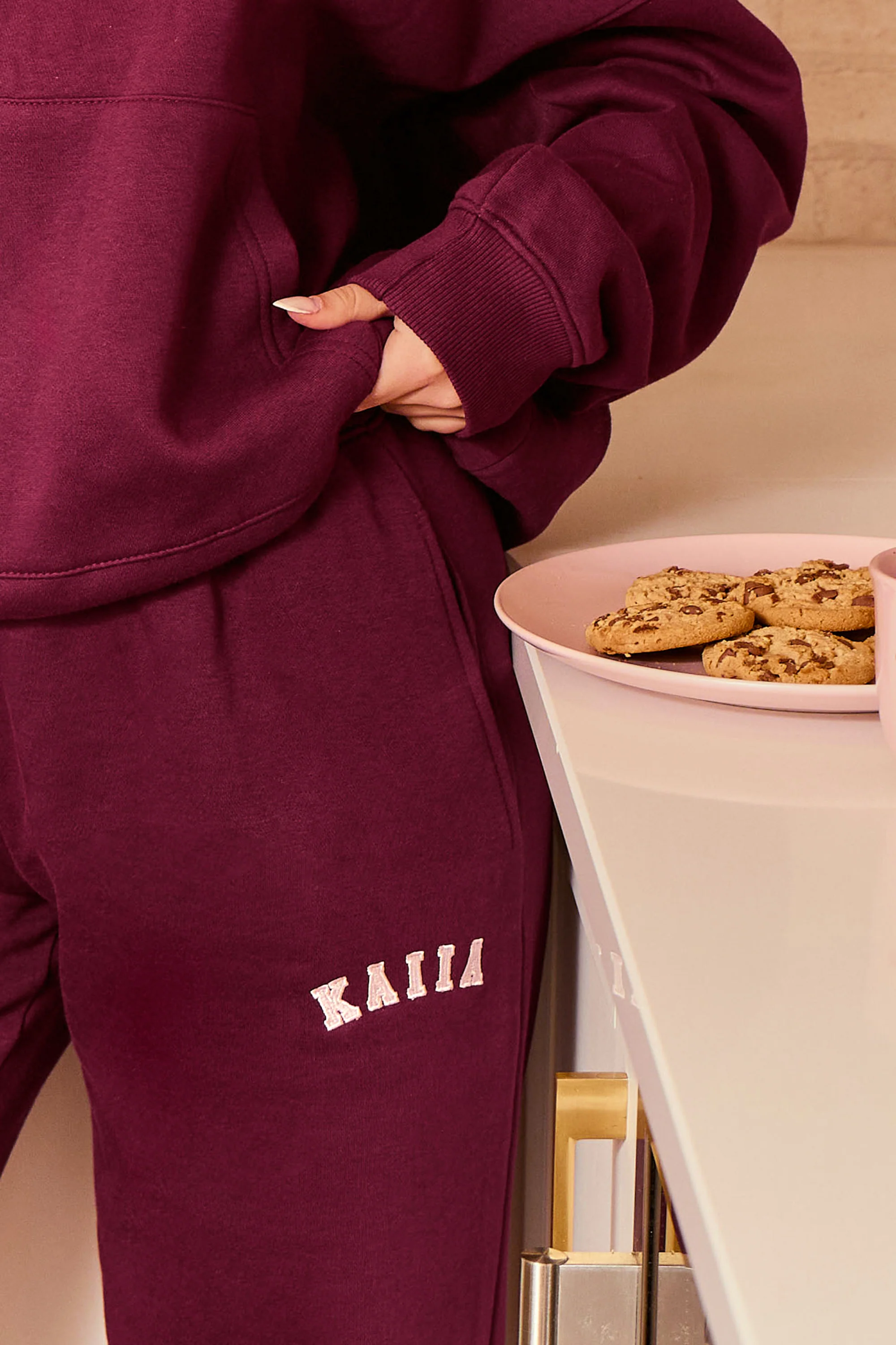Kaiia Slogan Wide Leg Joggers Deep Burgundy & Pink - Image 2