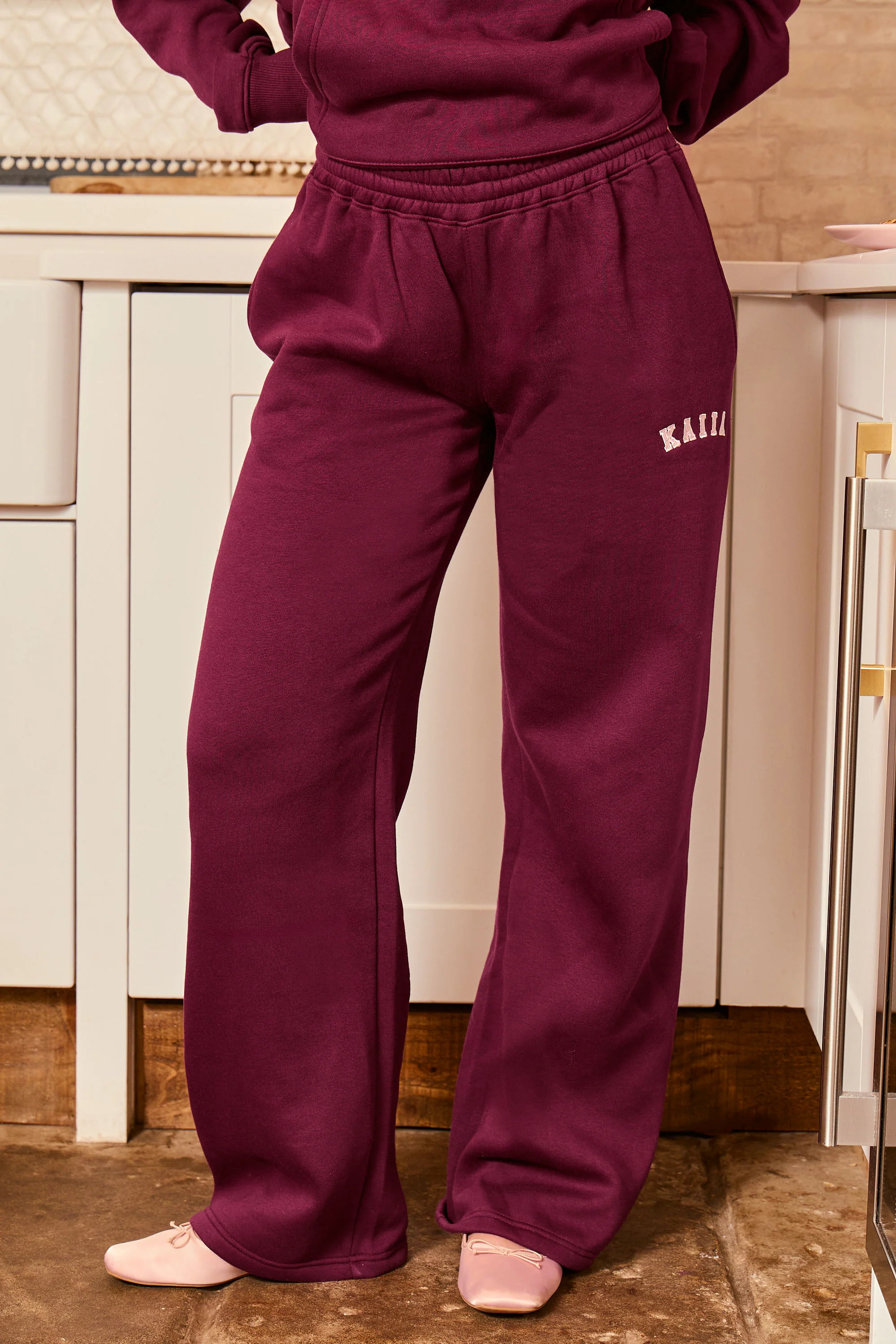 Kaiia Slogan Wide Leg Joggers Deep Burgundy & Pink - Image 3
