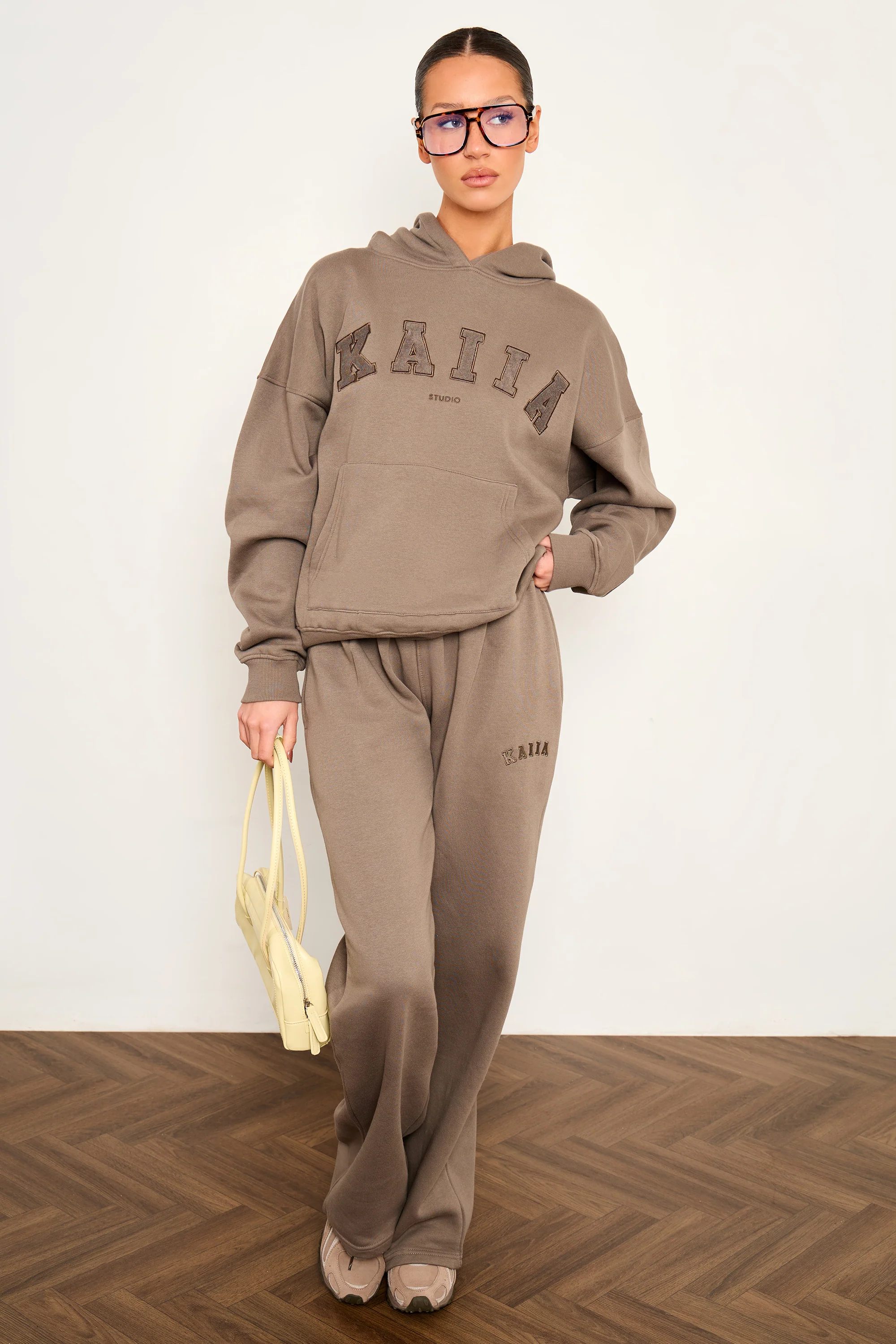 Kaiia Slogan Wide Leg Joggers Grey Taupe
